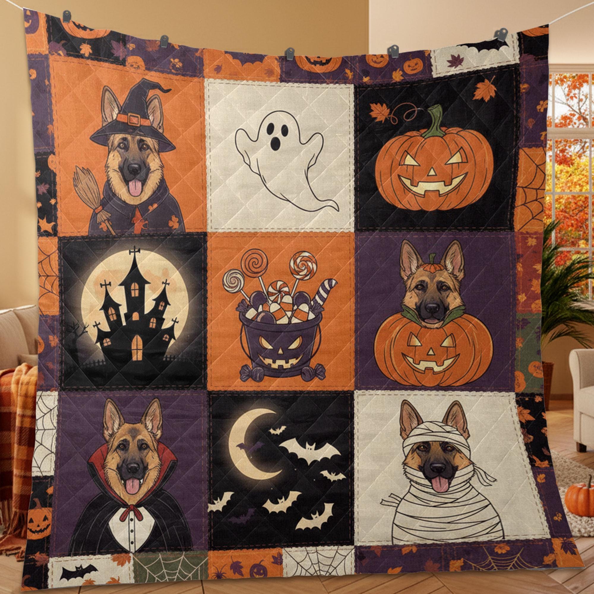 German Shepherd Halloween Quilt Blanket – Patchwork Throw, Printed Dog Panels, Pumpkins & Ghosts