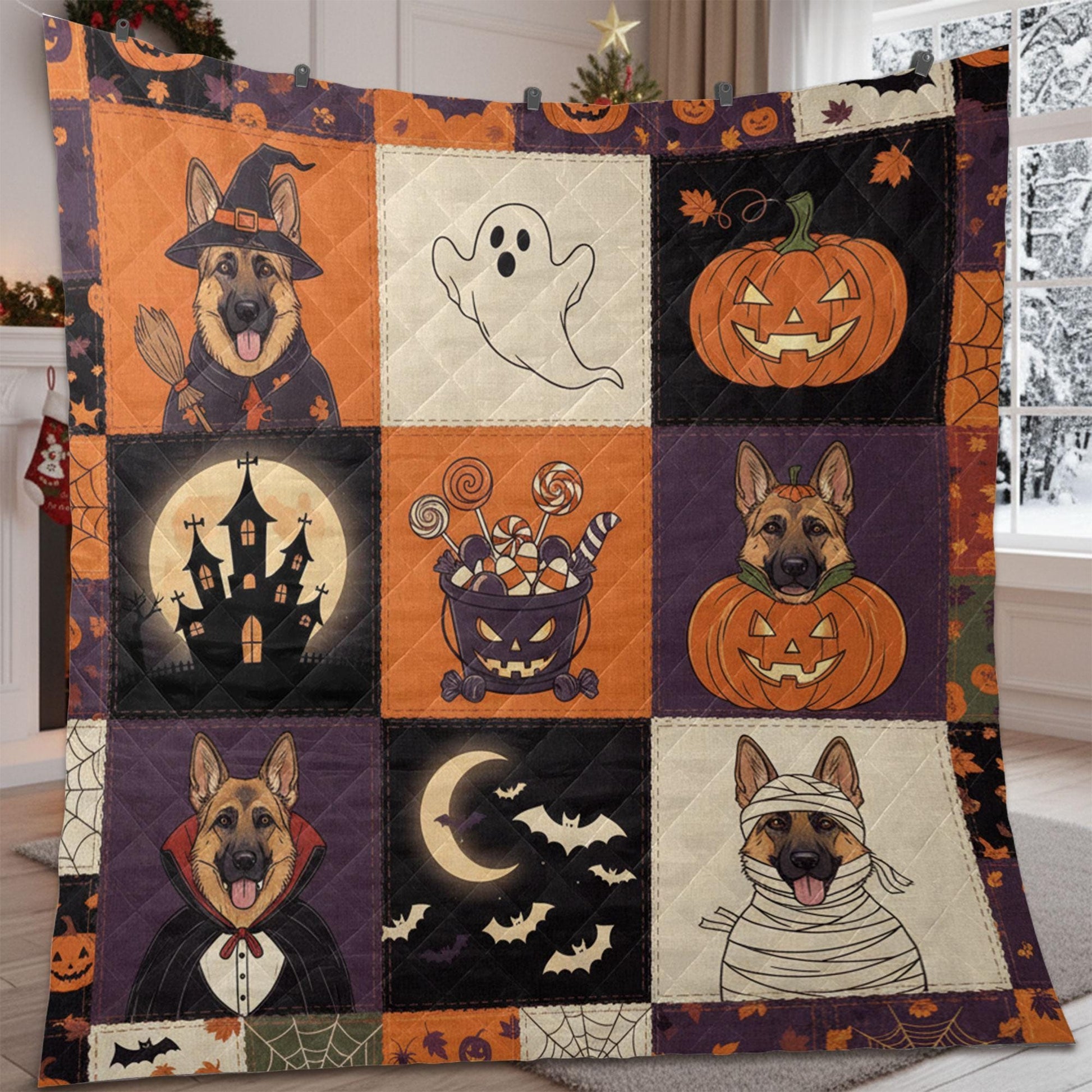 German Shepherd Halloween Quilt Blanket – Patchwork Throw, Printed Dog Panels, Pumpkins & Ghosts