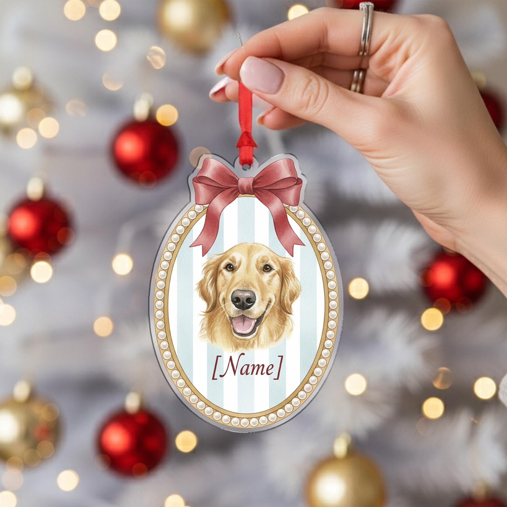 Personalized Dog Ornament Golden Retriever – Custom Pet Name, Oval Portrait with Bow