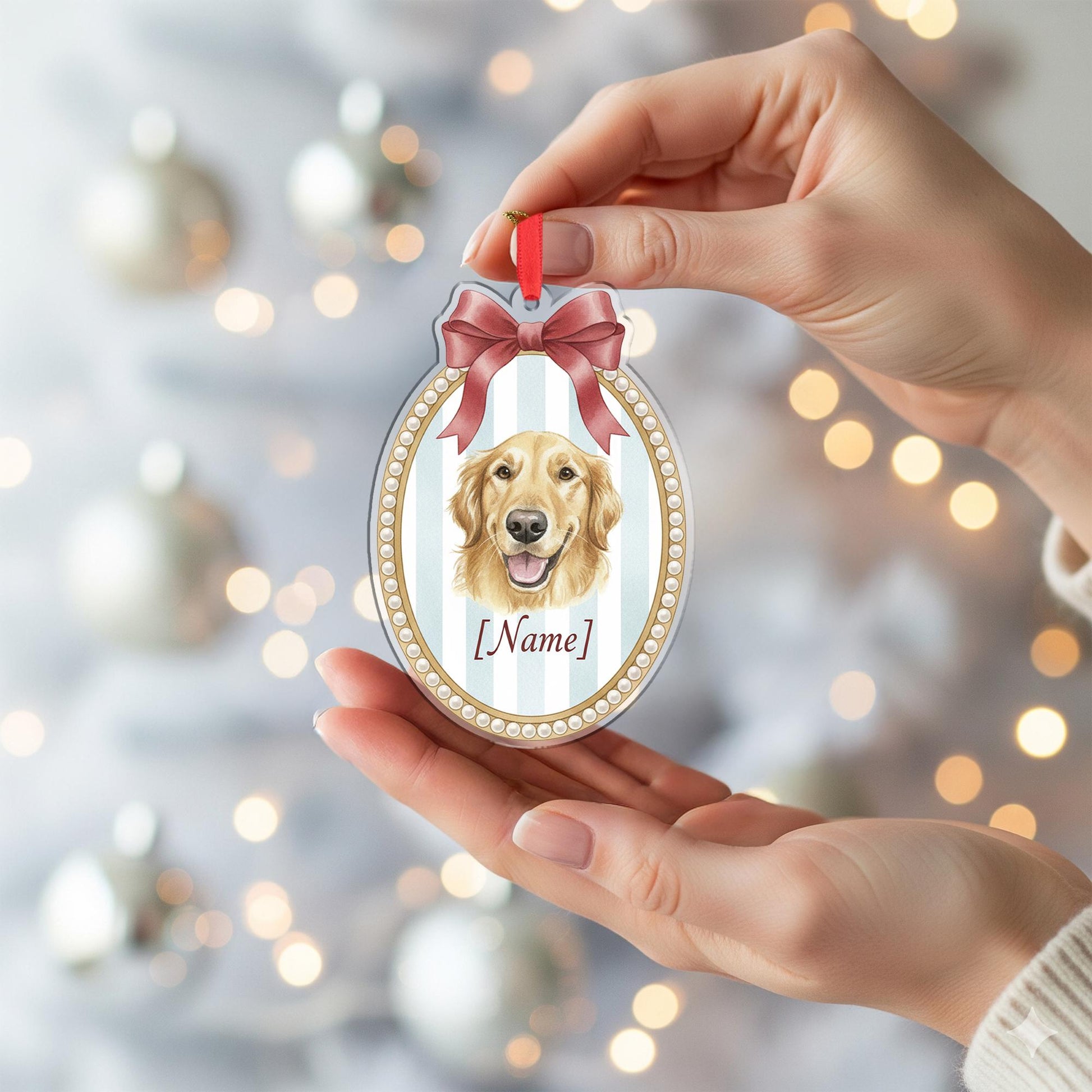 Personalized Dog Ornament Golden Retriever – Custom Pet Name, Oval Portrait with Bow
