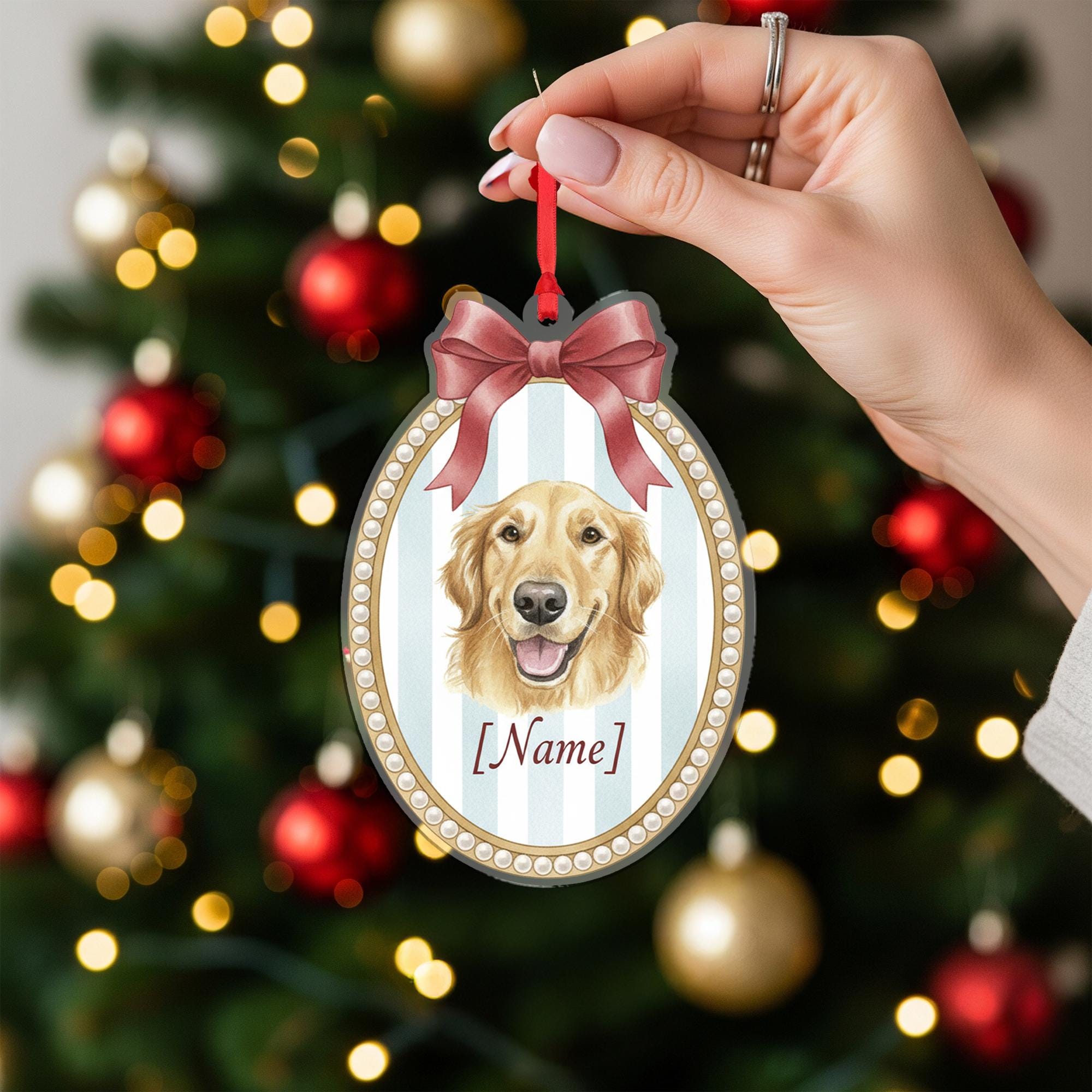Personalized Dog Ornament Golden Retriever – Custom Pet Name, Oval Portrait with Bow