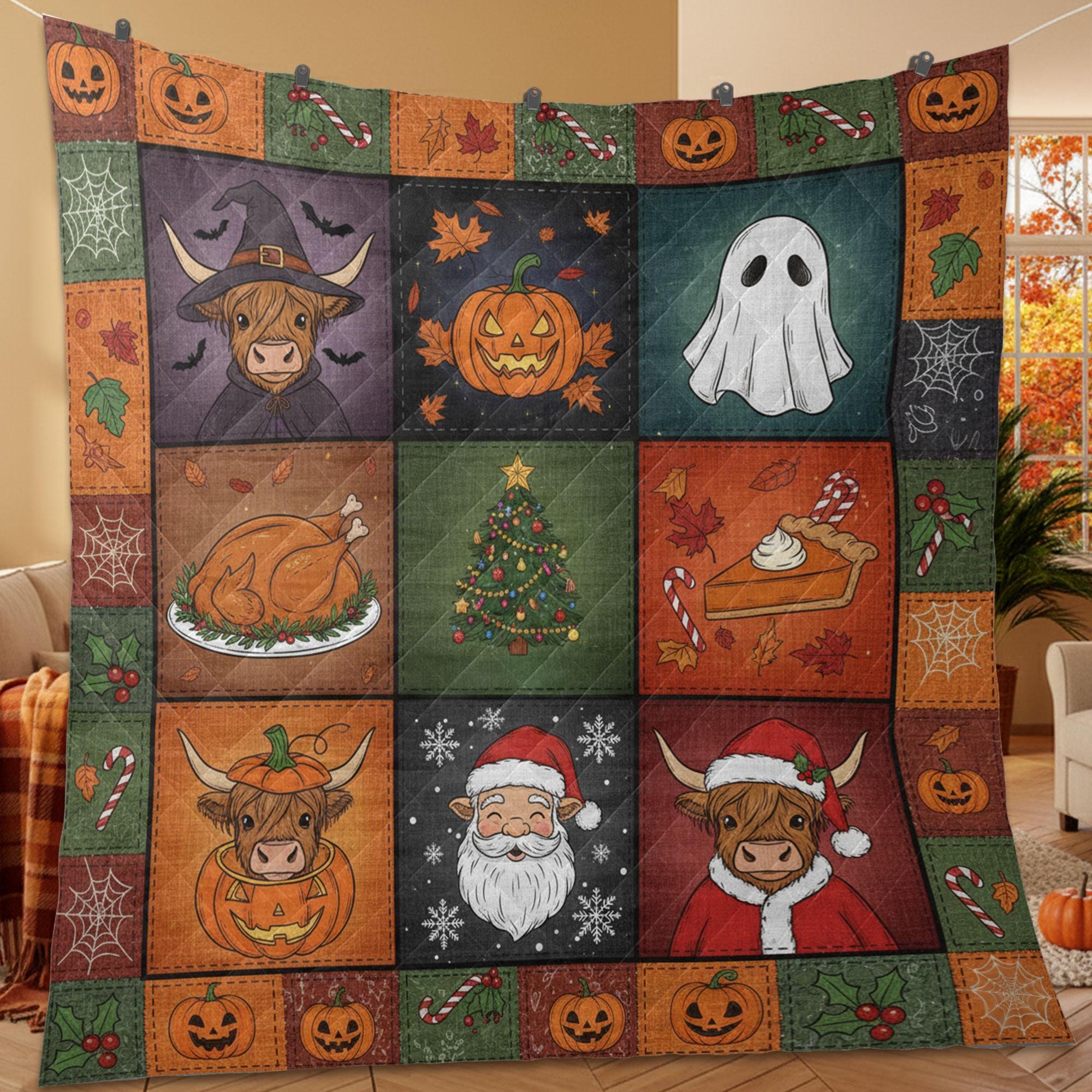 Highland Cow Halloween Quilt Blanket – Patchwork Throw, Printed Blocks, Pumpkins & Ghosts