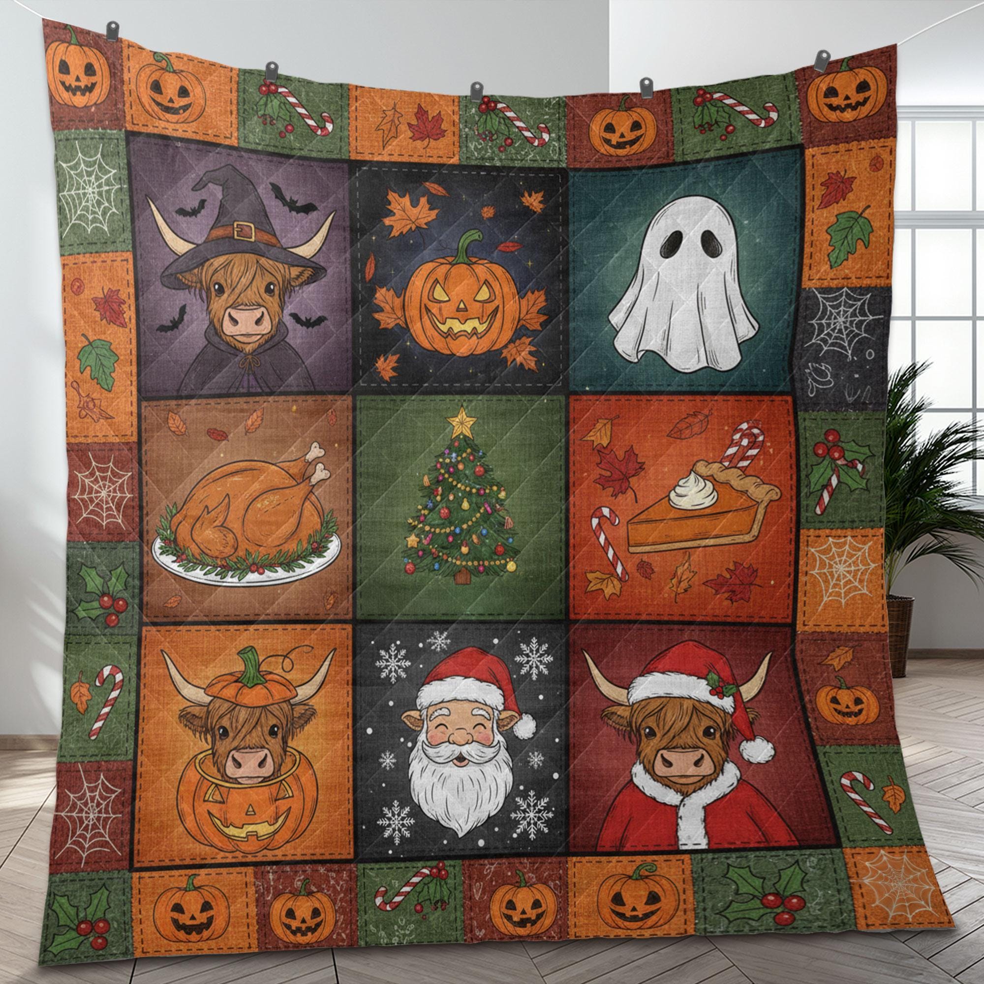Highland Cow Halloween Quilt Blanket – Patchwork Throw, Printed Blocks, Pumpkins & Ghosts