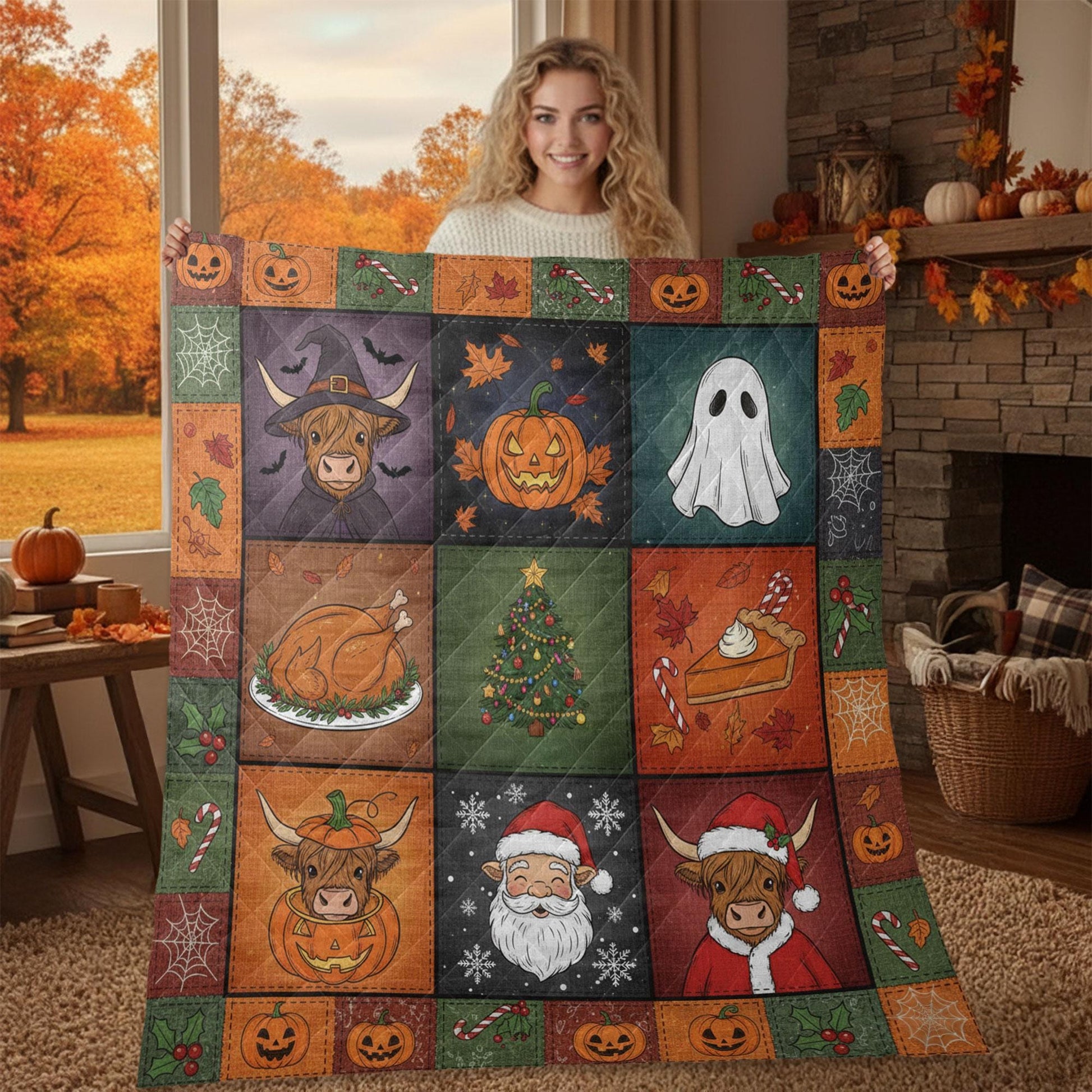 Highland Cow Halloween Quilt Blanket – Patchwork Throw, Printed Blocks, Pumpkins & Ghosts