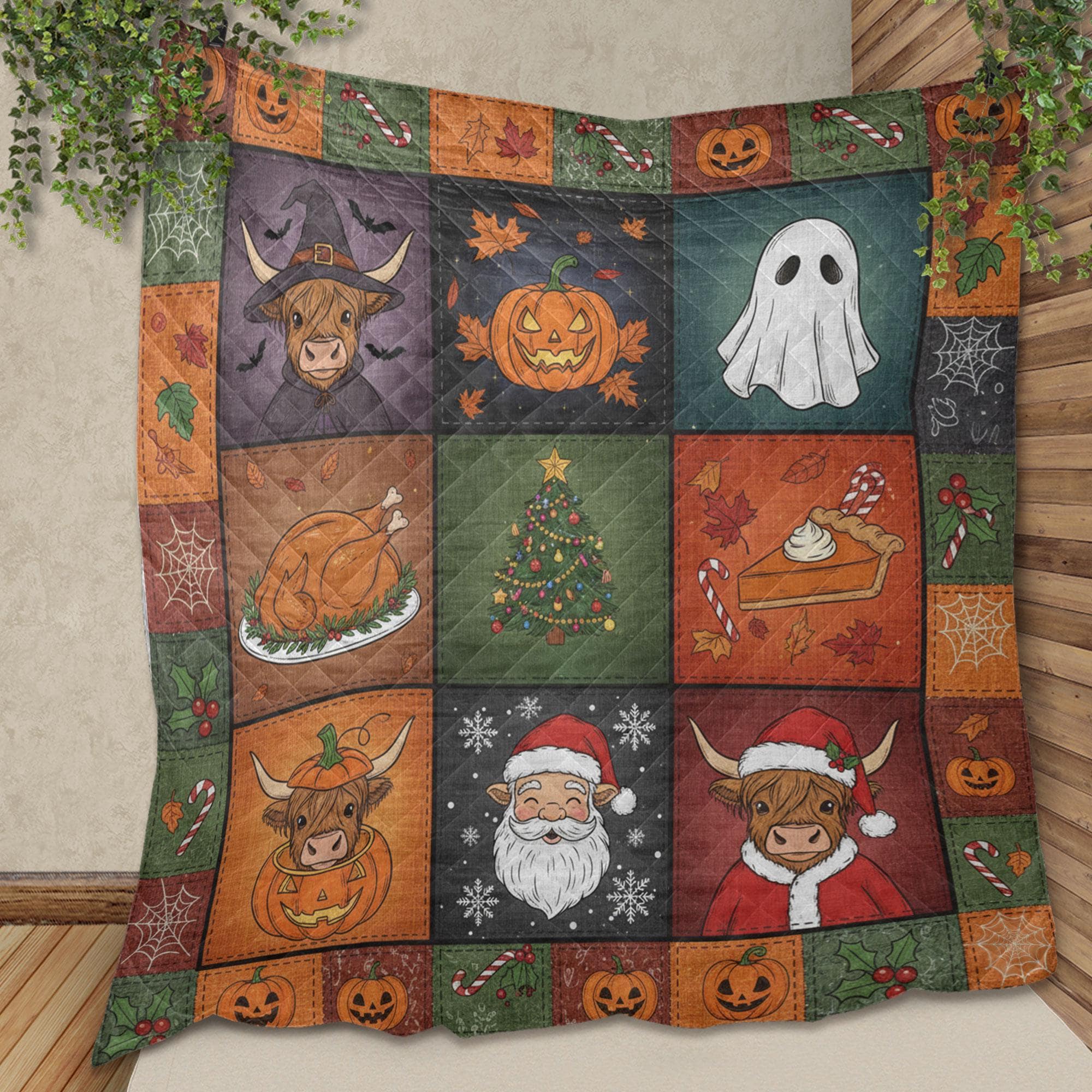 Highland Cow Halloween Quilt Blanket – Patchwork Throw, Printed Blocks, Pumpkins & Ghosts