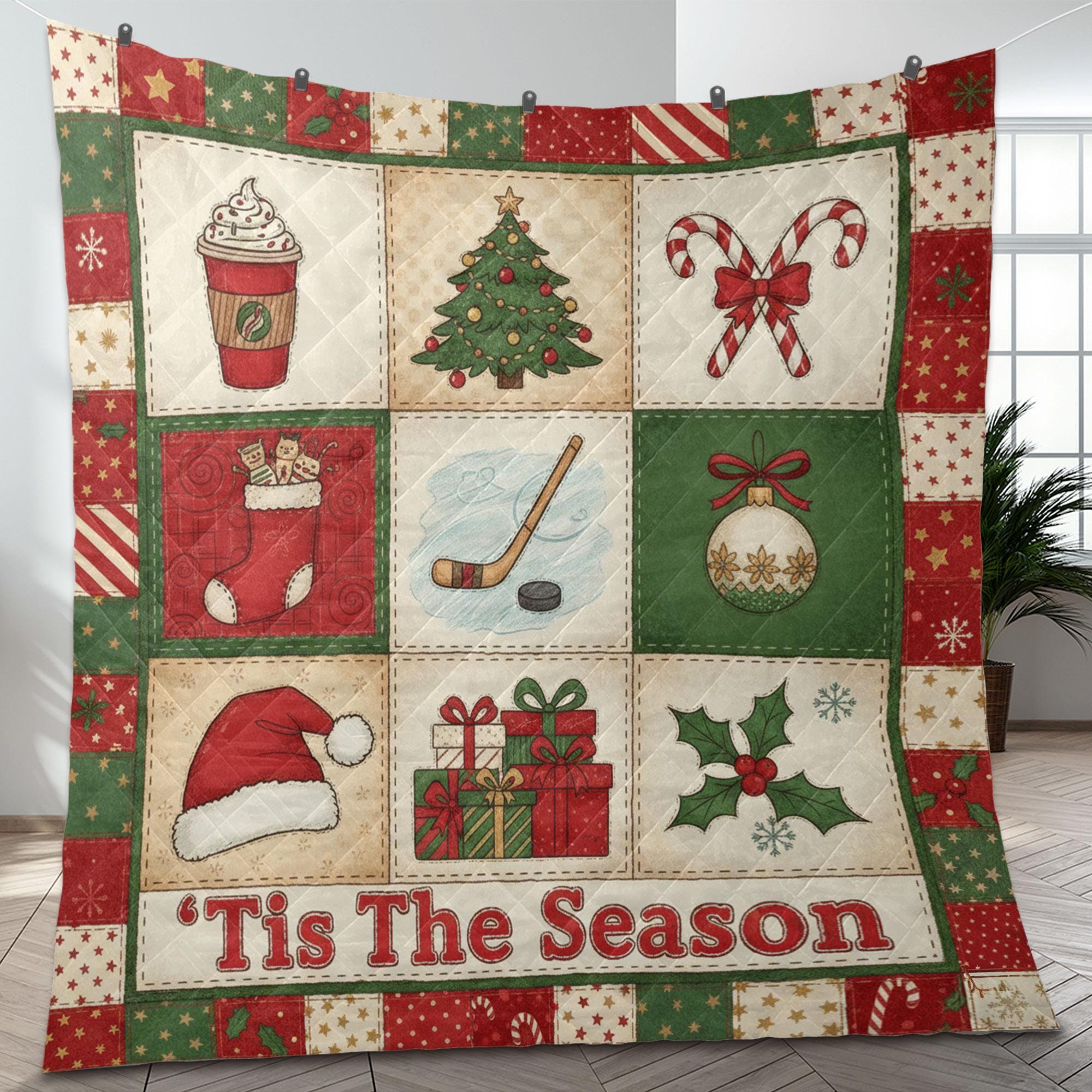 Hockey Christmas Quilt Blanket – Patchwork Throw, Printed Holiday Panels