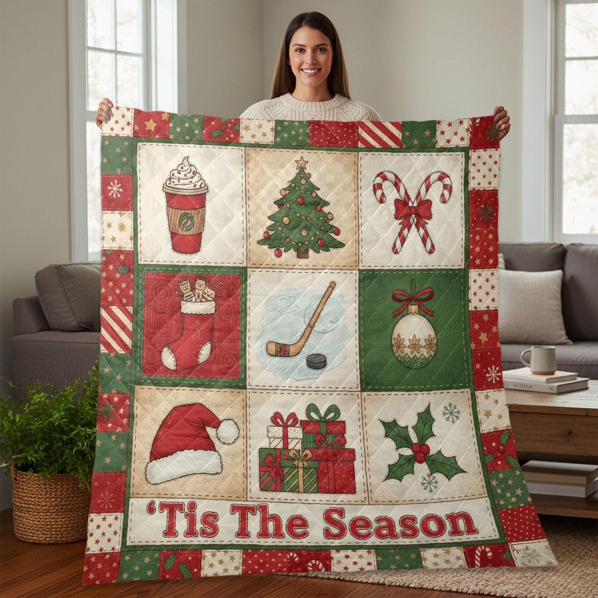 Hockey Christmas Quilt Blanket – Patchwork Throw, Printed Holiday Panels