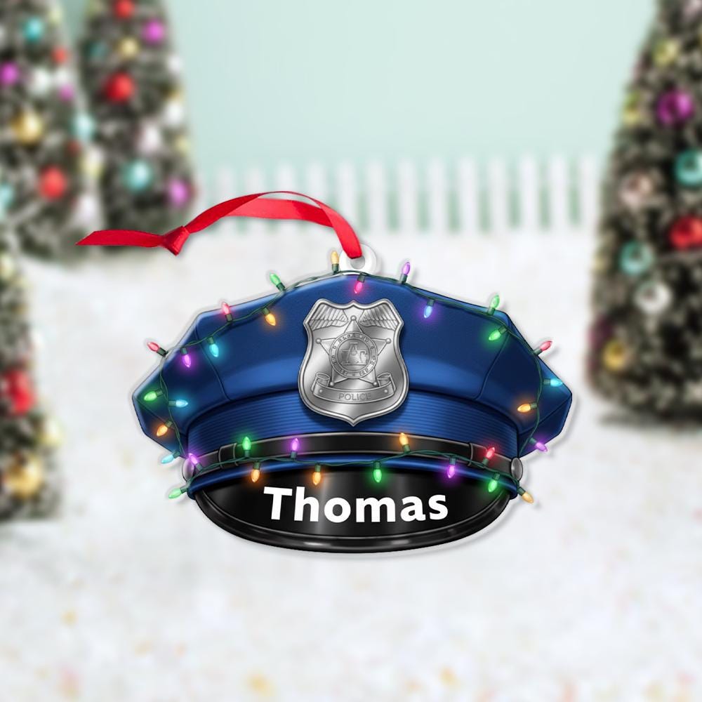 Personalized Ornament – Police Hat with Badge and Christmas Lights, Law Enforcement Decoration