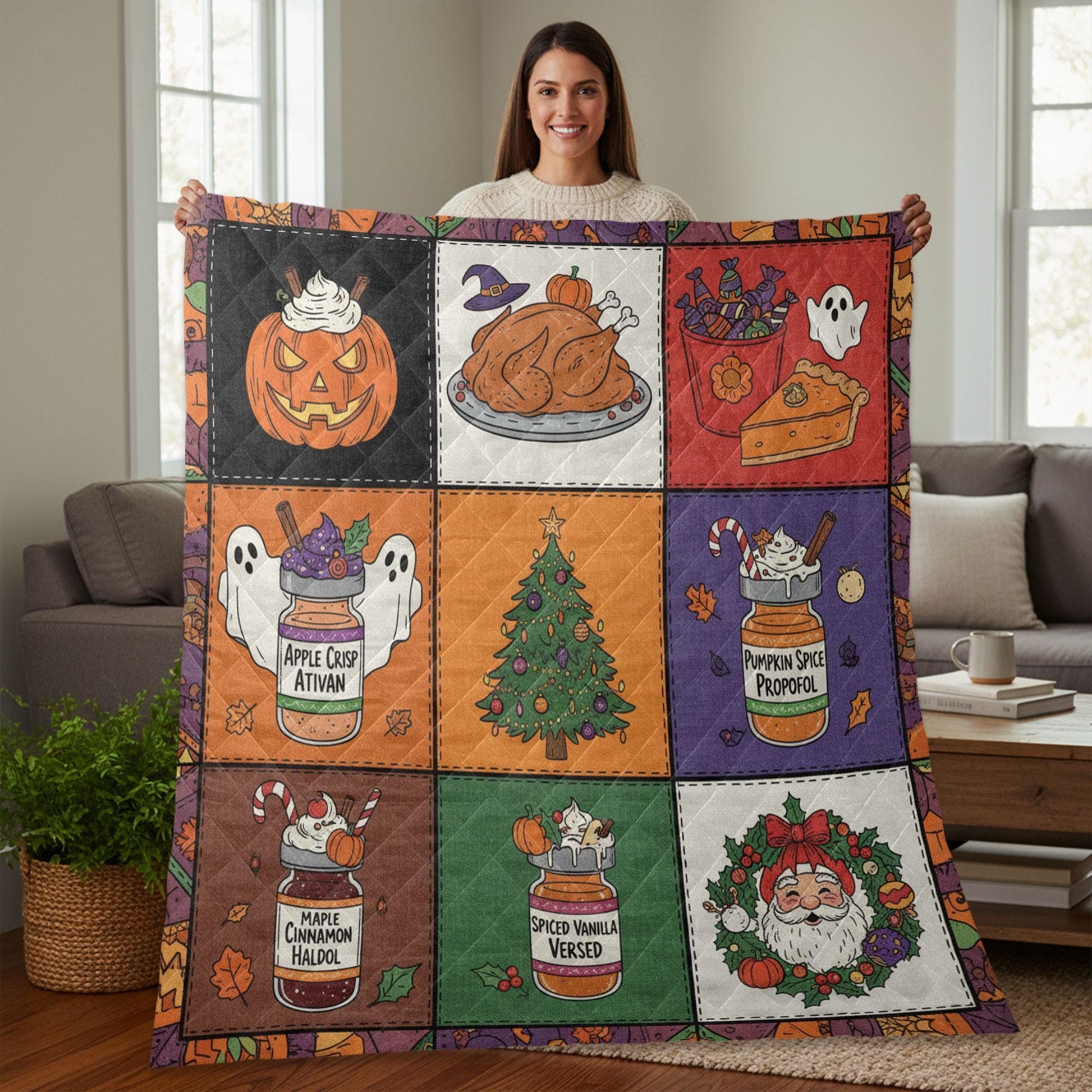 ICU Nurse Quilt Blanket – Patchwork Throw, Holiday Blocks, Medical Jar Art