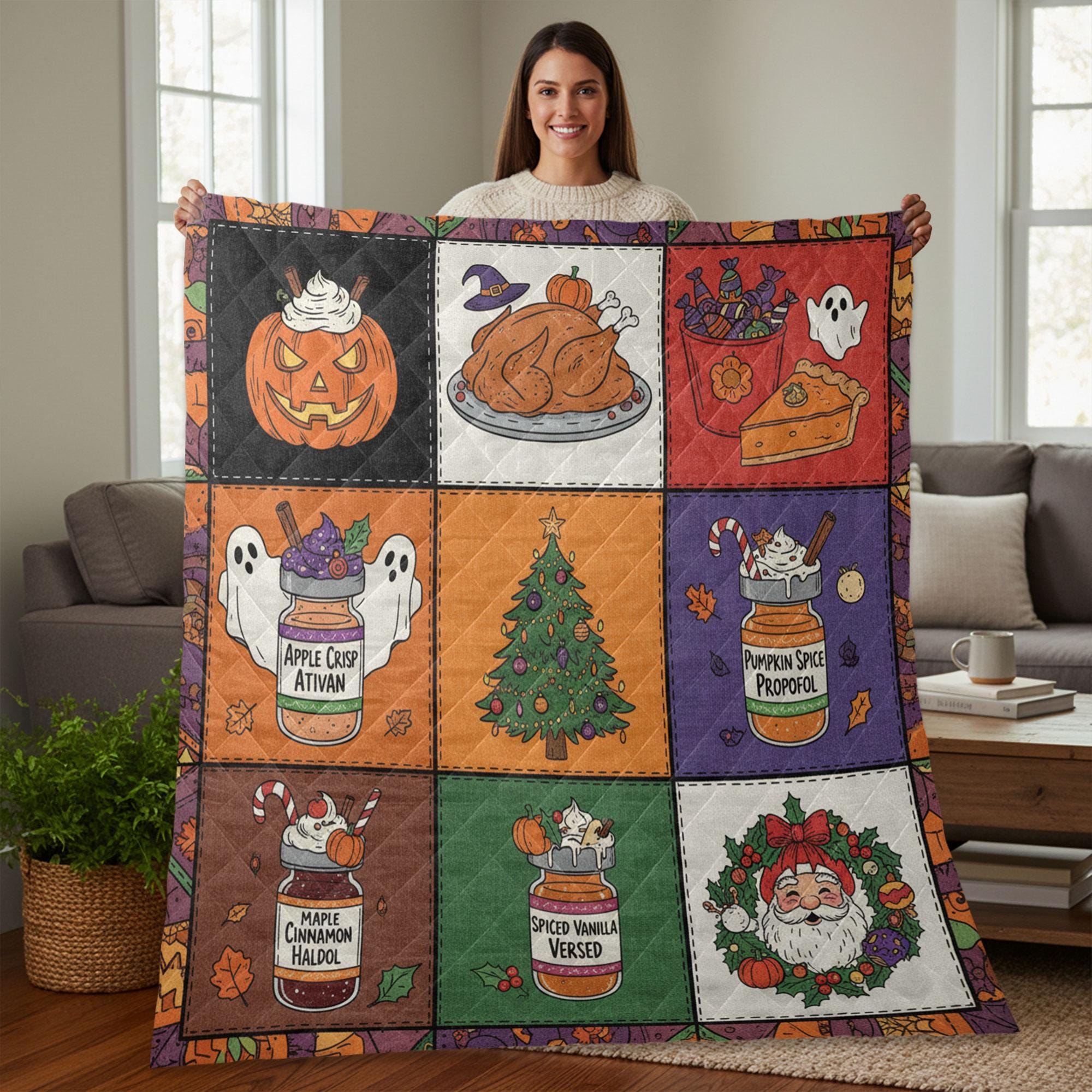 ICU Nurse Quilt Blanket – Patchwork Throw, Holiday Blocks, Medical Jar Art