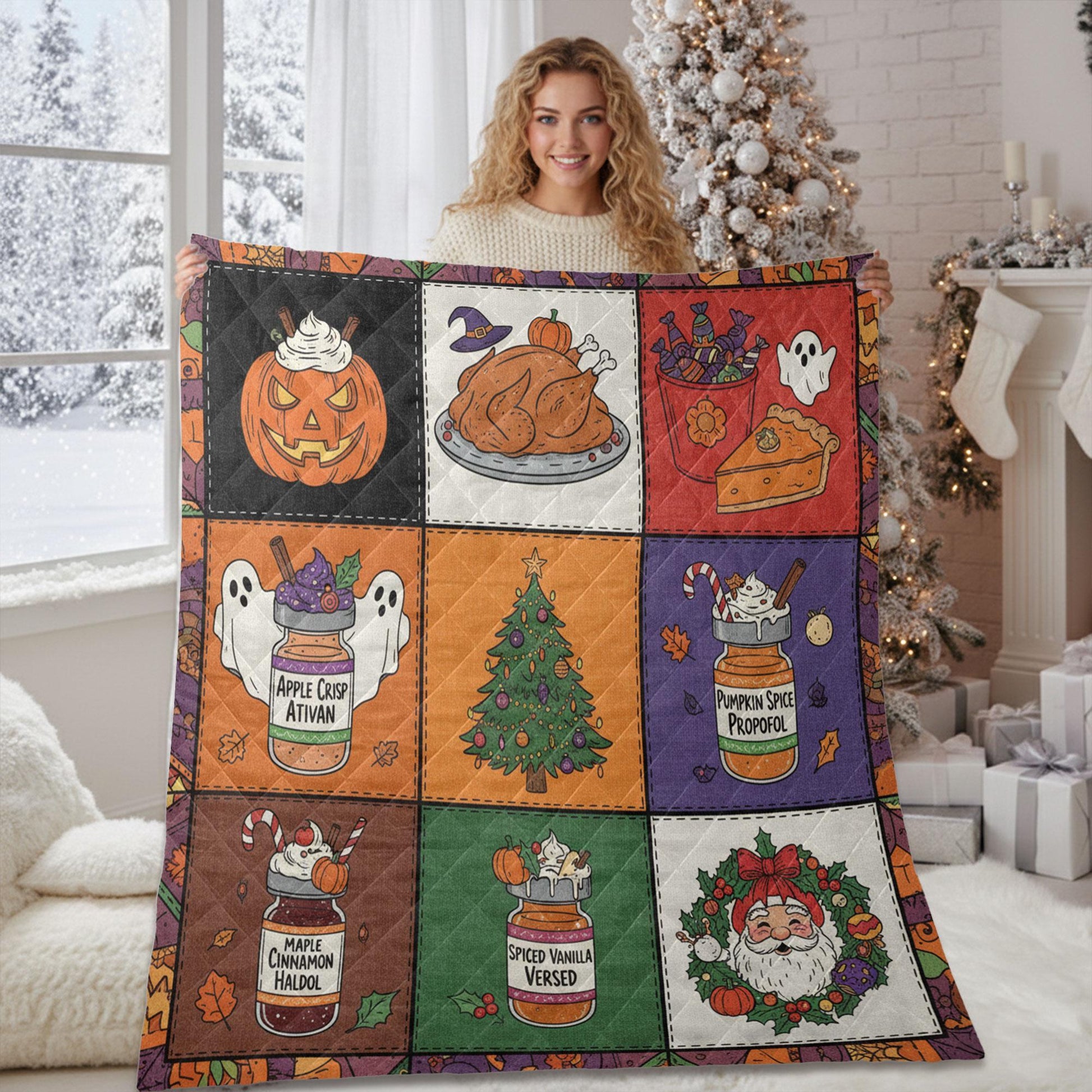 ICU Nurse Quilt Blanket – Patchwork Throw, Holiday Blocks, Medical Jar Art