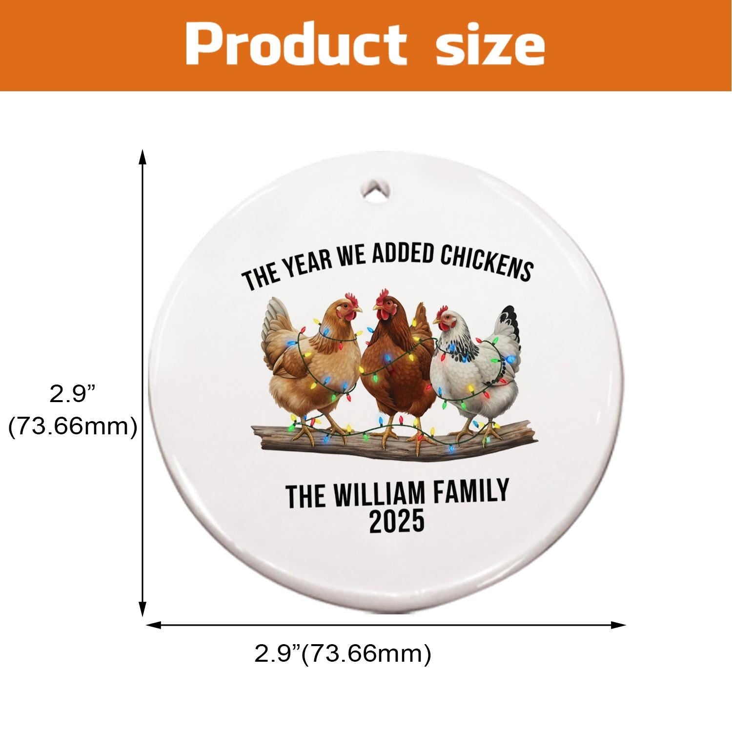 Personalized Ceramic Ornament – Chickens with Holiday Lights, Farm Animal Christmas Decoration