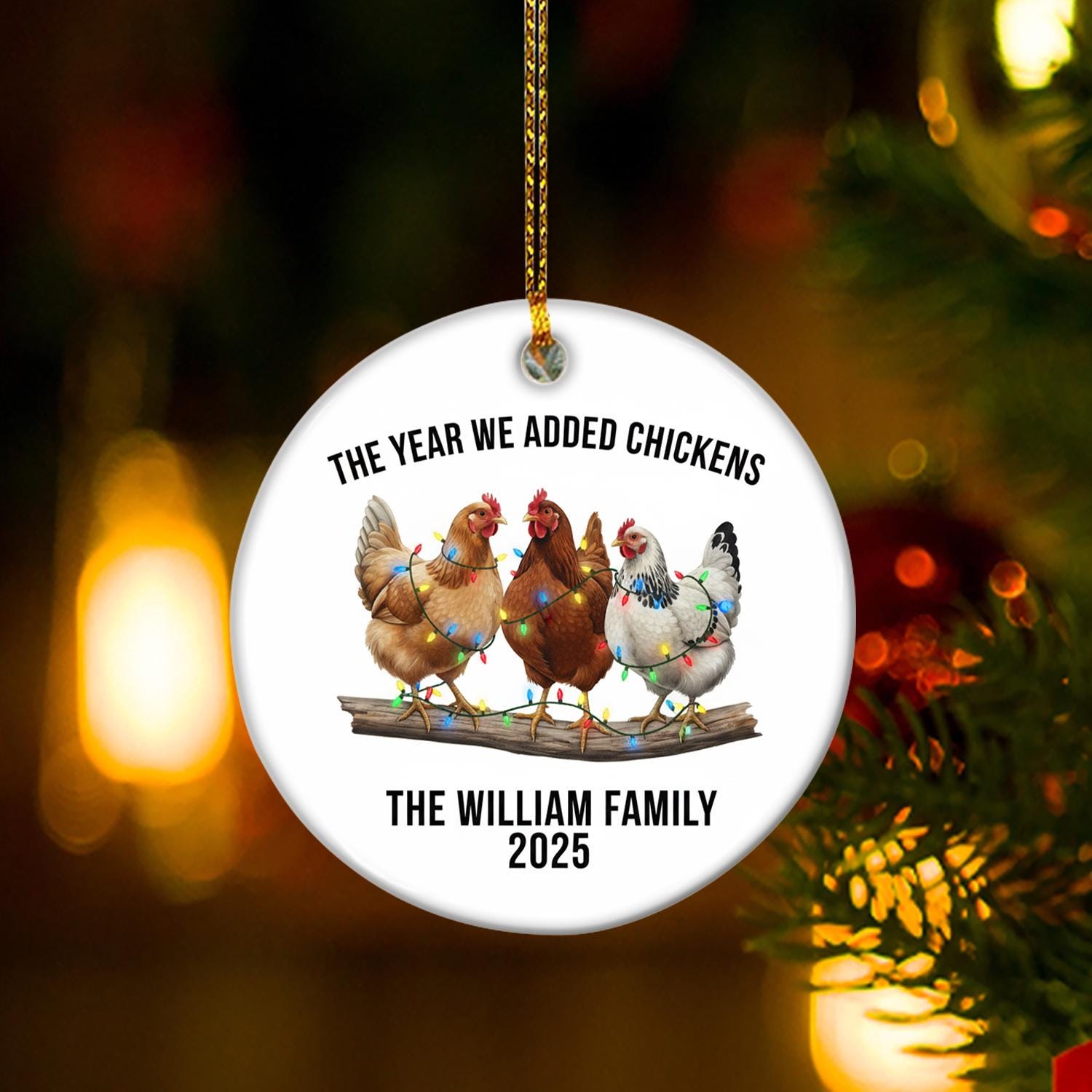 Personalized Ceramic Ornament – Chickens with Holiday Lights, Farm Animal Christmas Decoration