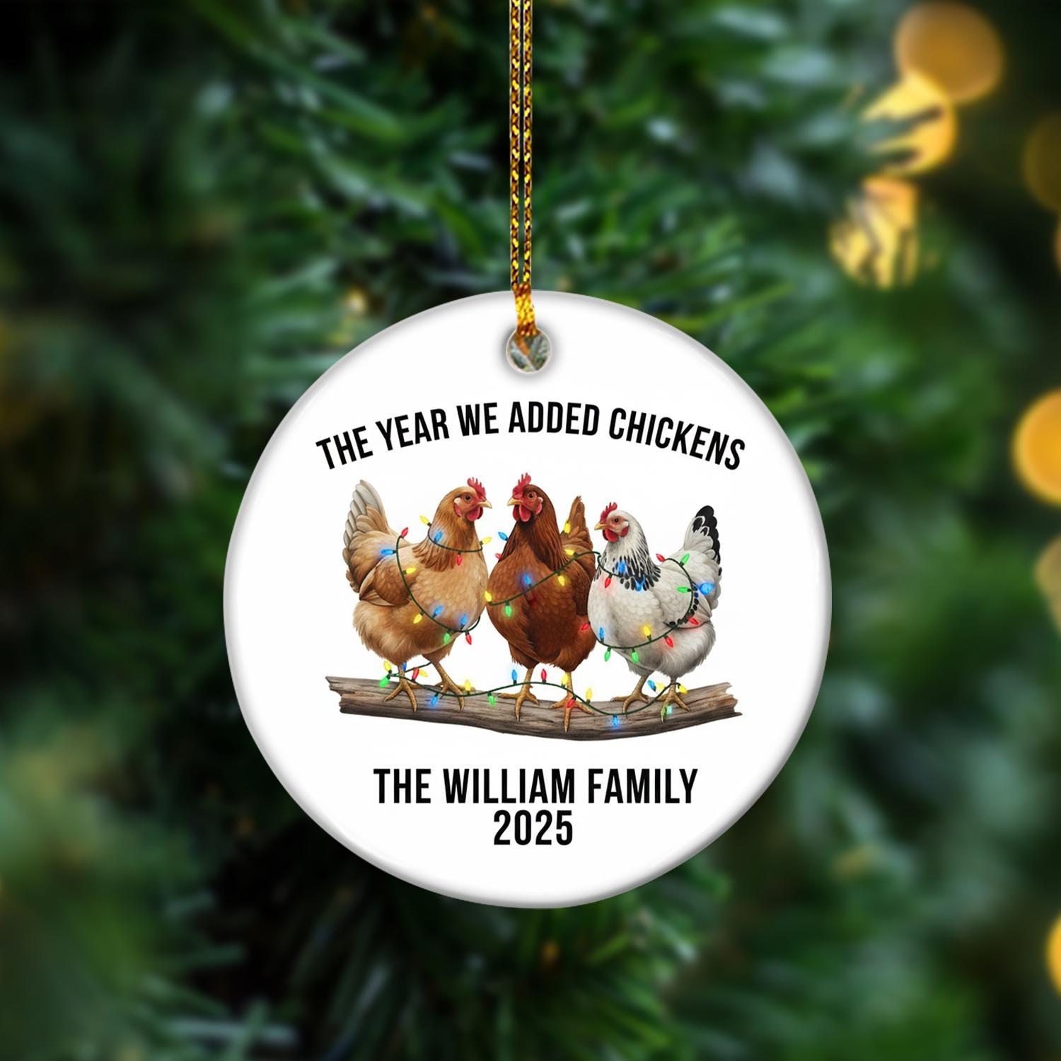 Personalized Ceramic Ornament – Chickens with Holiday Lights, Farm Animal Christmas Decoration