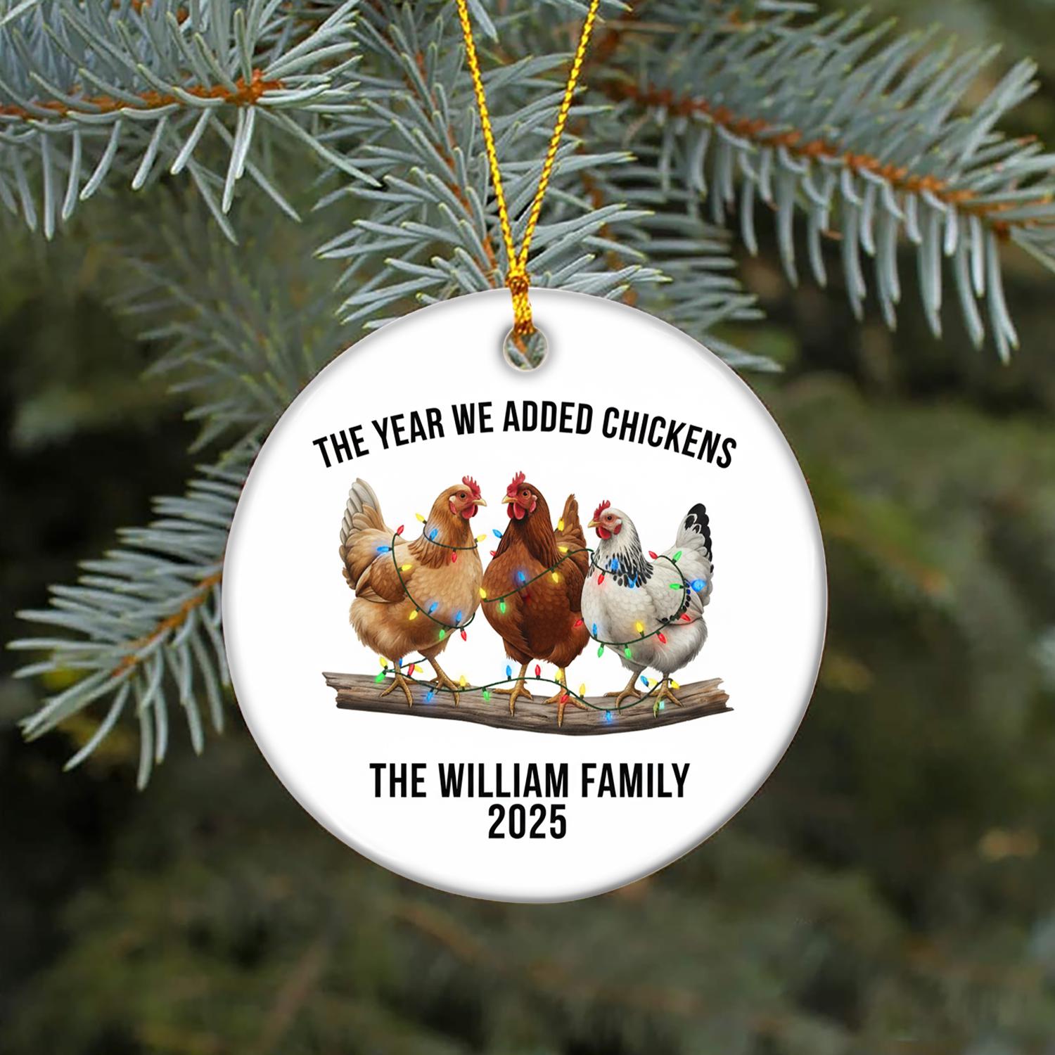 Personalized Ceramic Ornament – Chickens with Holiday Lights, Farm Animal Christmas Decoration