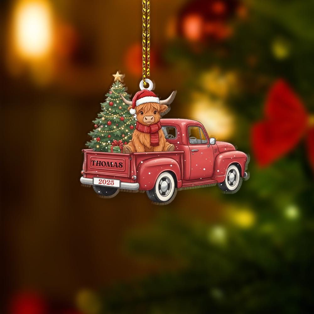 Personalized Ornament – Highland Cow in Red Truck with Christmas Tree Decoration