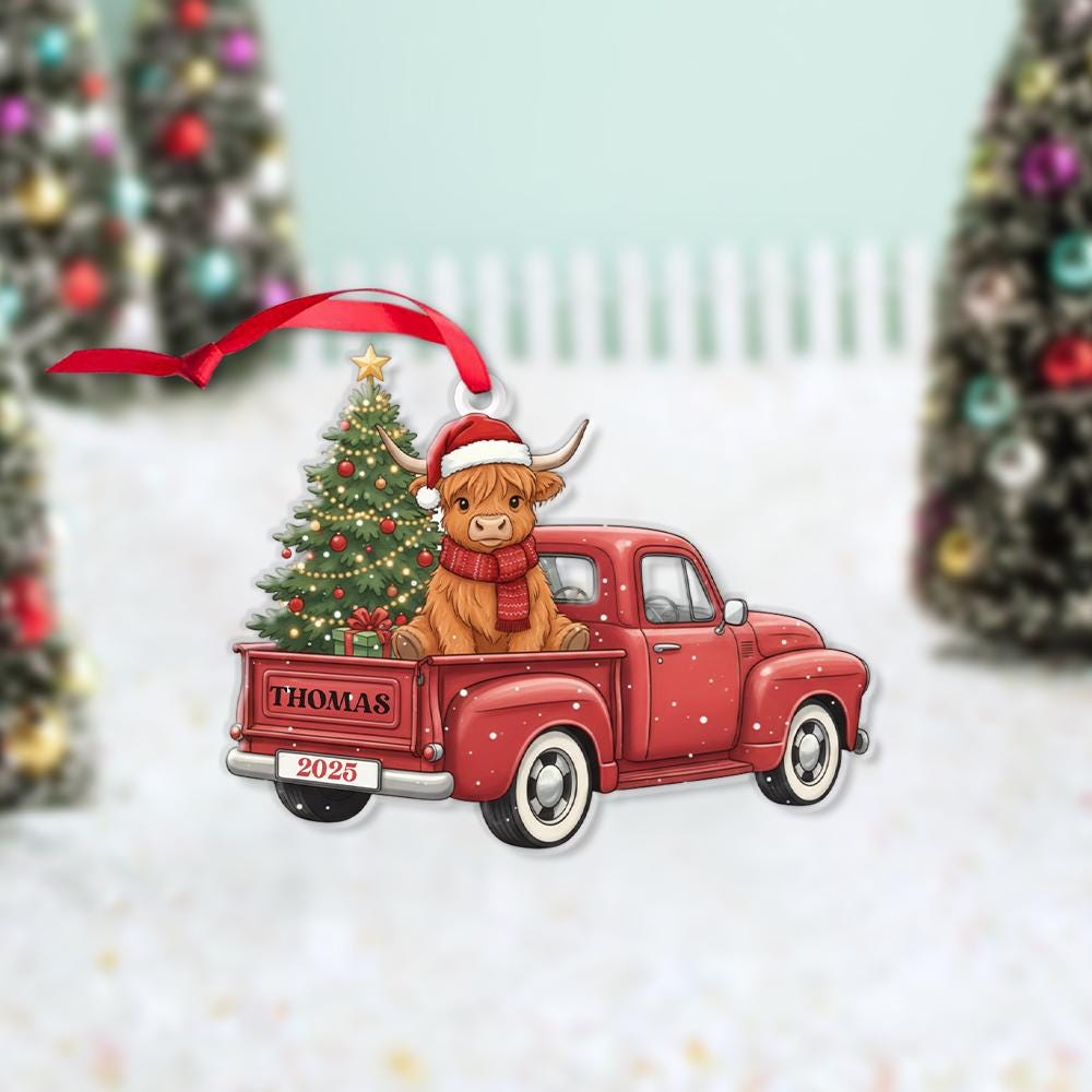 Personalized Ornament – Highland Cow in Red Truck with Christmas Tree Decoration