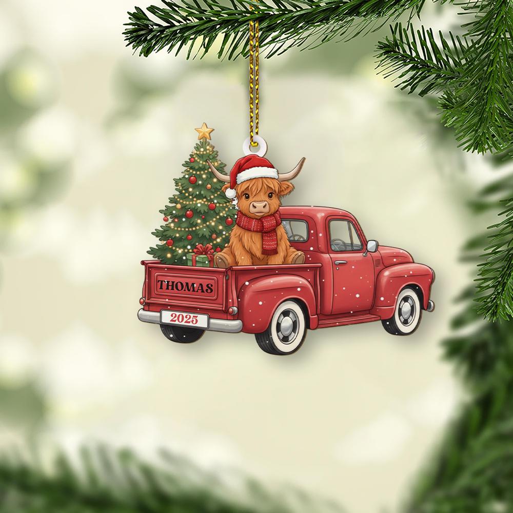Personalized Ornament – Highland Cow in Red Truck with Christmas Tree Decoration
