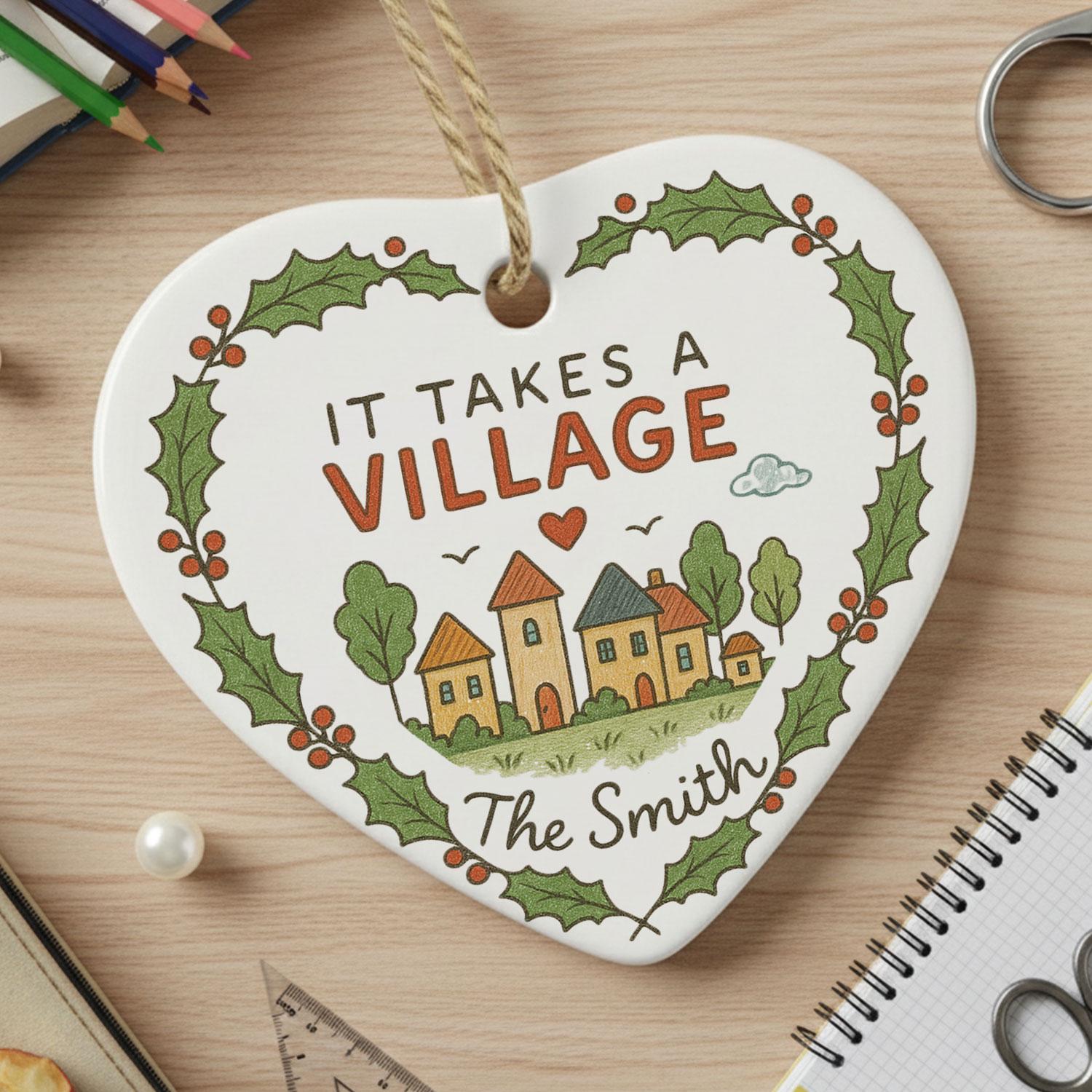 Teacher Ceramic Heart Ornament – Village Illustration, Holly Border, Custom Name