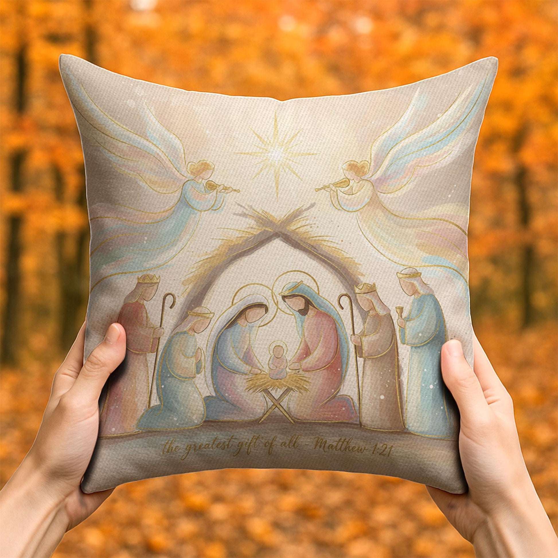 Nativity Christmas Pillow – Religious Holiday Cushion with Holy Family and Bible Verse Design
