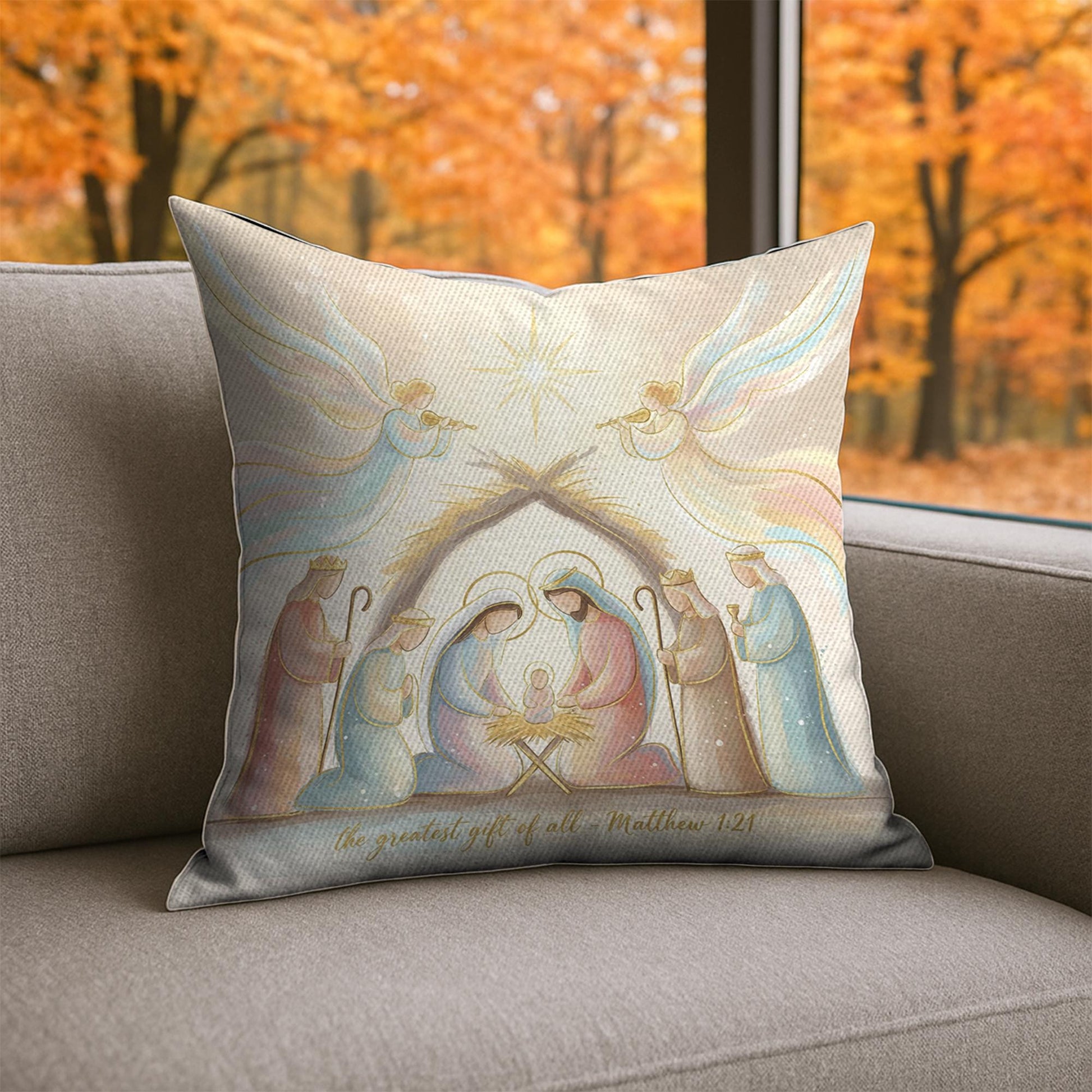 Nativity Christmas Pillow – Religious Holiday Cushion with Holy Family and Bible Verse Design