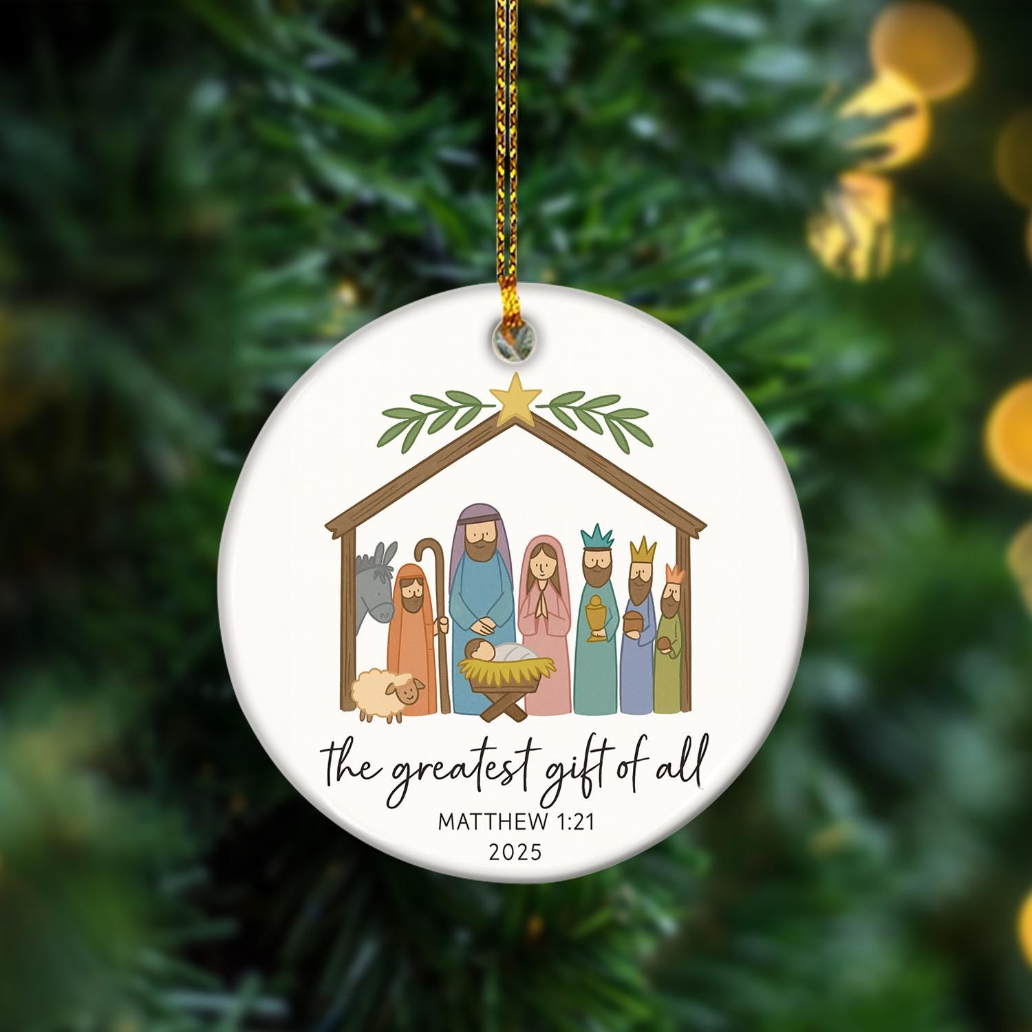 Ceramic Ornament – Nativity Scene with Holy Family and Bible Verse Decoration