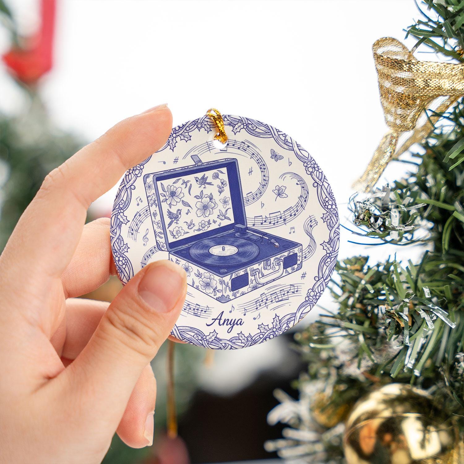 Record Player Ceramic Ornament – Blue Floral, Music Notes, Custom Name