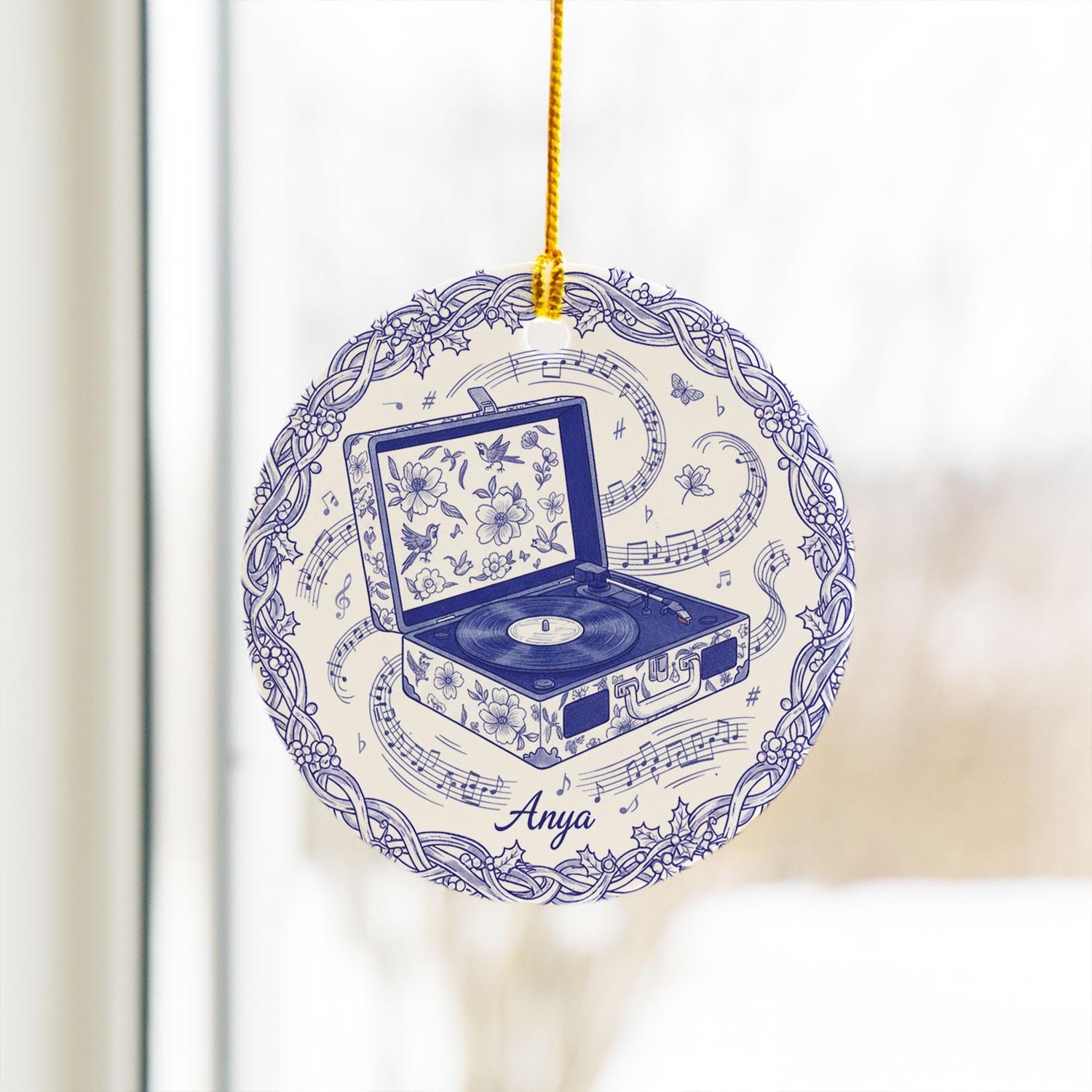 Record Player Ceramic Ornament – Blue Floral, Music Notes, Custom Name