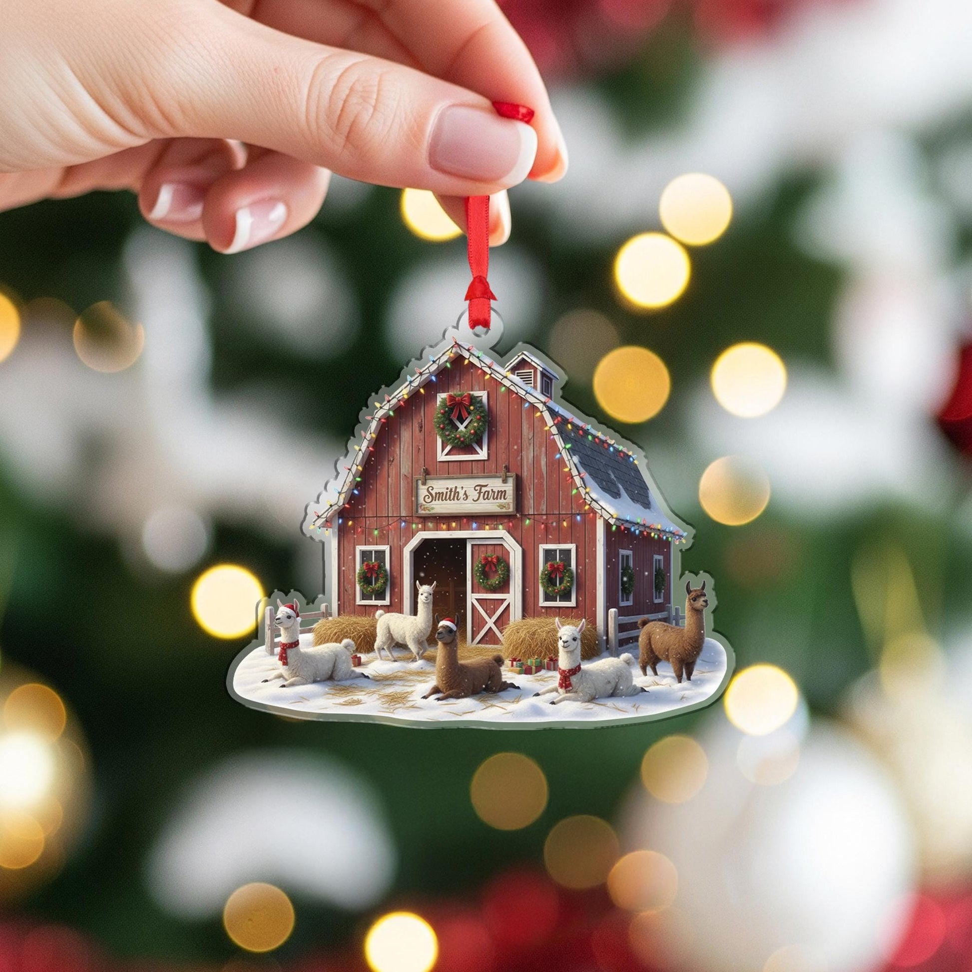 Personalized Farm Barn Ornament – Custom Christmas Tree Decoration with Llamas and Family Name