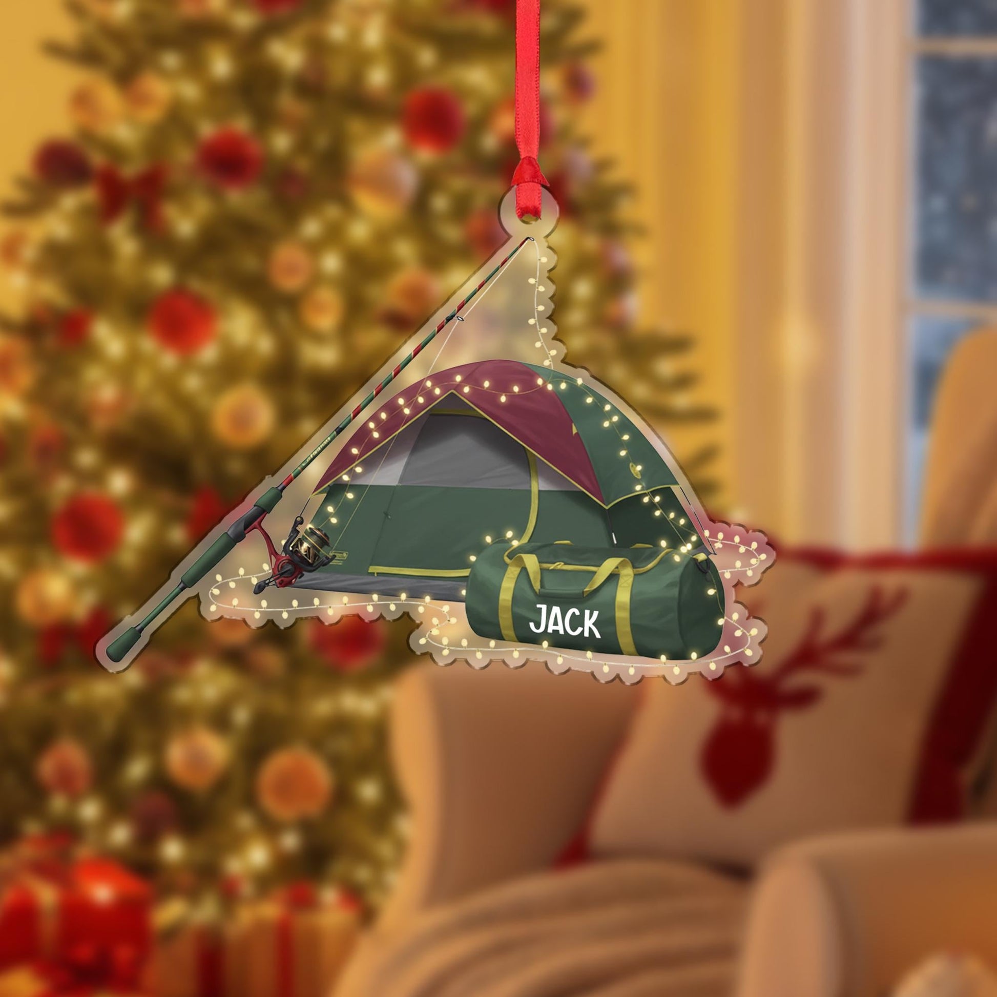 Camping Tent Fishing Ornament: Personalized Outdoor Christmas Decoration
