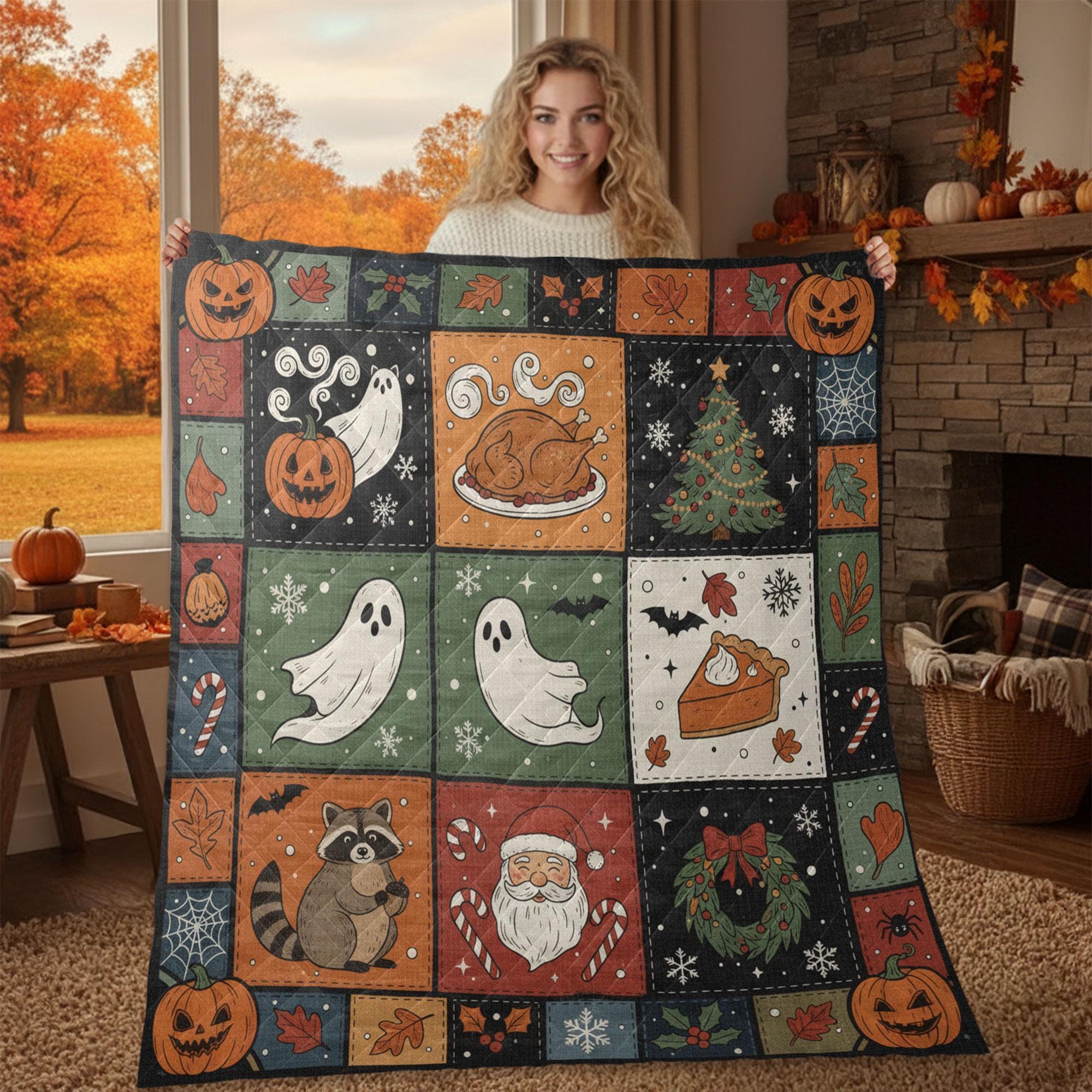 Raccoon Quilt Blanket – Patchwork Throw, Printed Holiday Blocks, Pumpkins & Ghosts