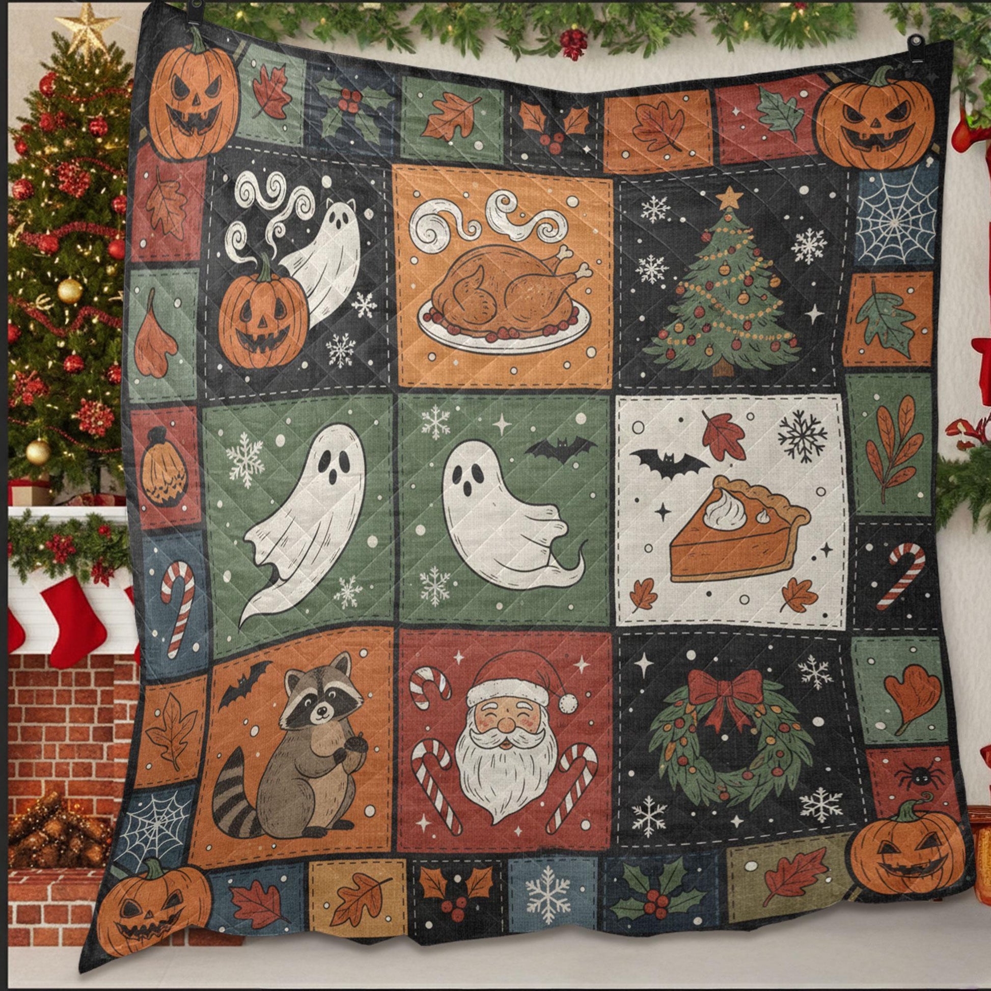 Raccoon Quilt Blanket – Patchwork Throw, Printed Holiday Blocks, Pumpkins & Ghosts