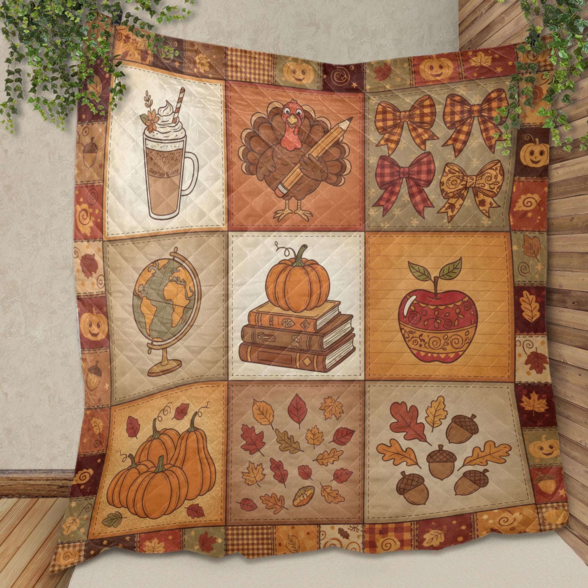 Teacher Thanksgiving Quilt Blanket – Patchwork Throw, Fall Icons with Books, Apple, Turkey