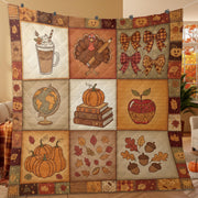 Teacher Thanksgiving Quilt Blanket – Patchwork Throw, Fall Icons with Books, Apple, Turkey