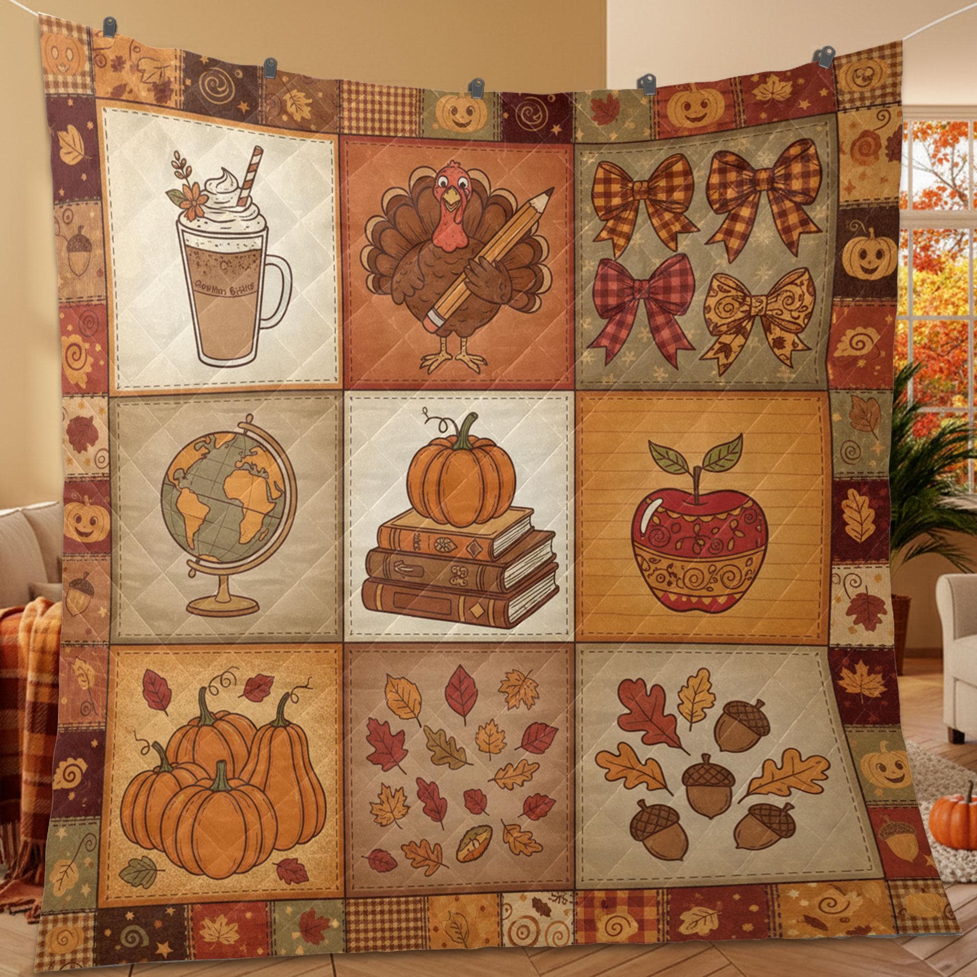 Teacher Thanksgiving Quilt Blanket – Patchwork Throw, Fall Icons with Books, Apple, Turkey