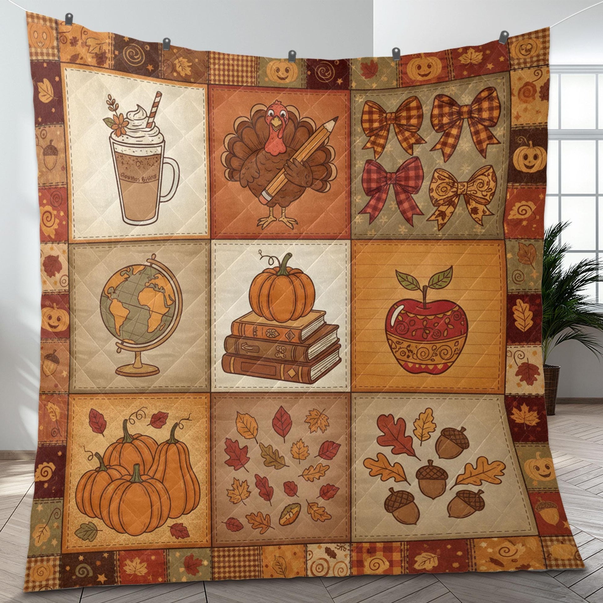 Teacher Thanksgiving Quilt Blanket – Patchwork Throw, Fall Icons with Books, Apple, Turkey