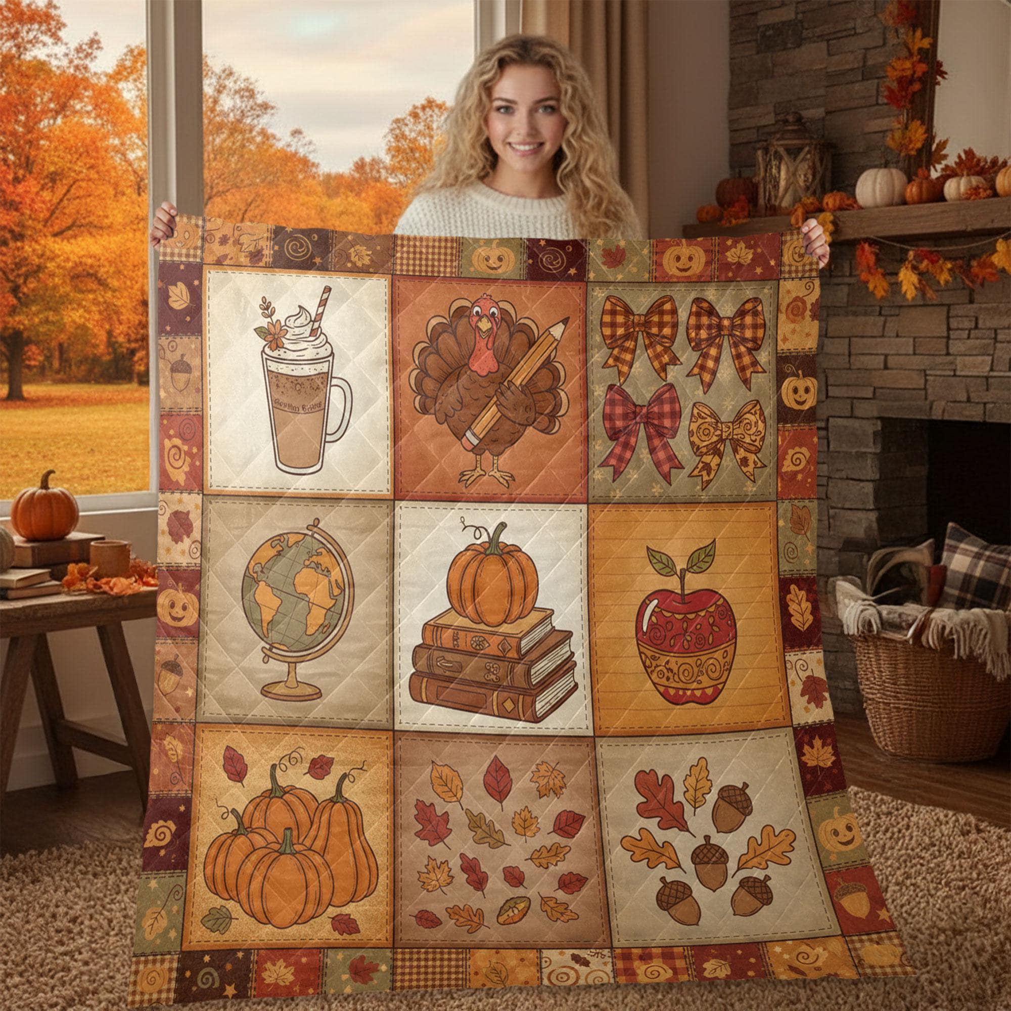 Teacher Thanksgiving Quilt Blanket – Patchwork Throw, Fall Icons with Books, Apple, Turkey