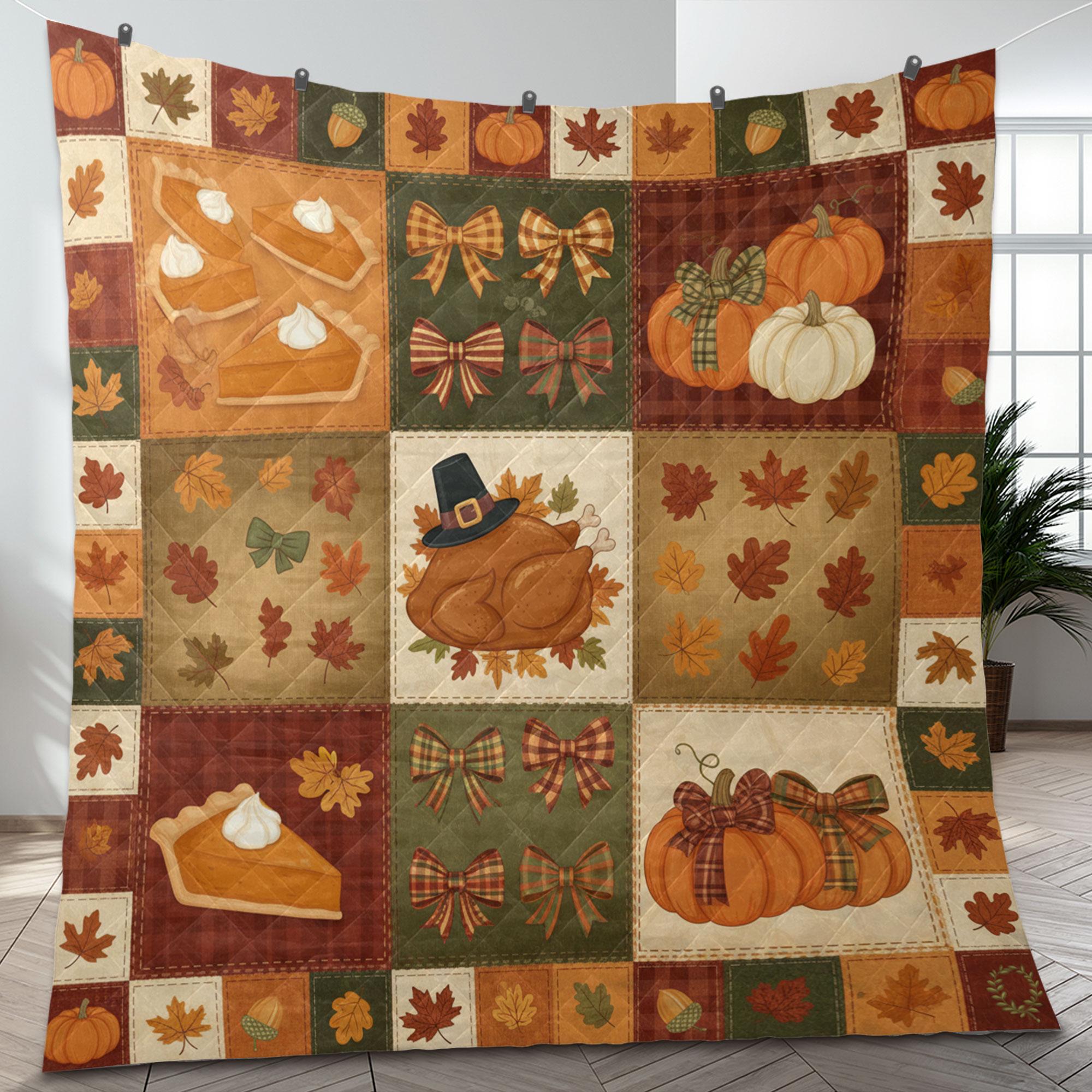 Thanksgiving Quilt Blanket – Patchwork Throw, Pumpkins Turkey Pie, Plaid Bows, Fall Leaves