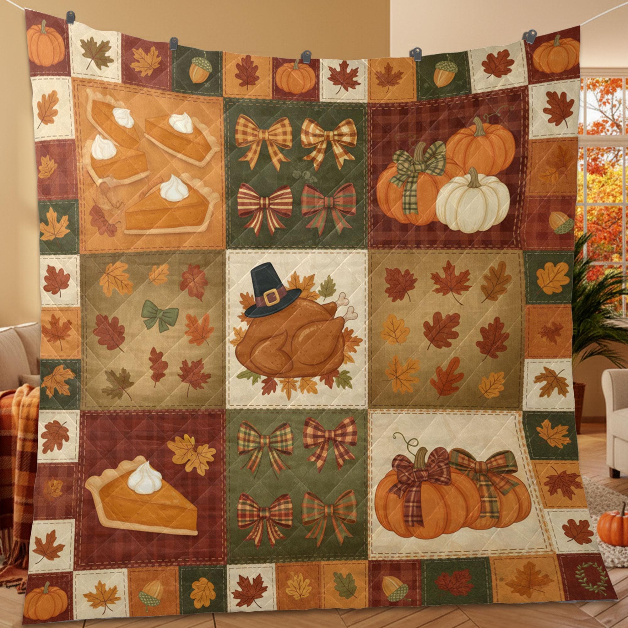 Thanksgiving Quilt Blanket – Patchwork Throw, Pumpkins Turkey Pie, Plaid Bows, Fall Leaves