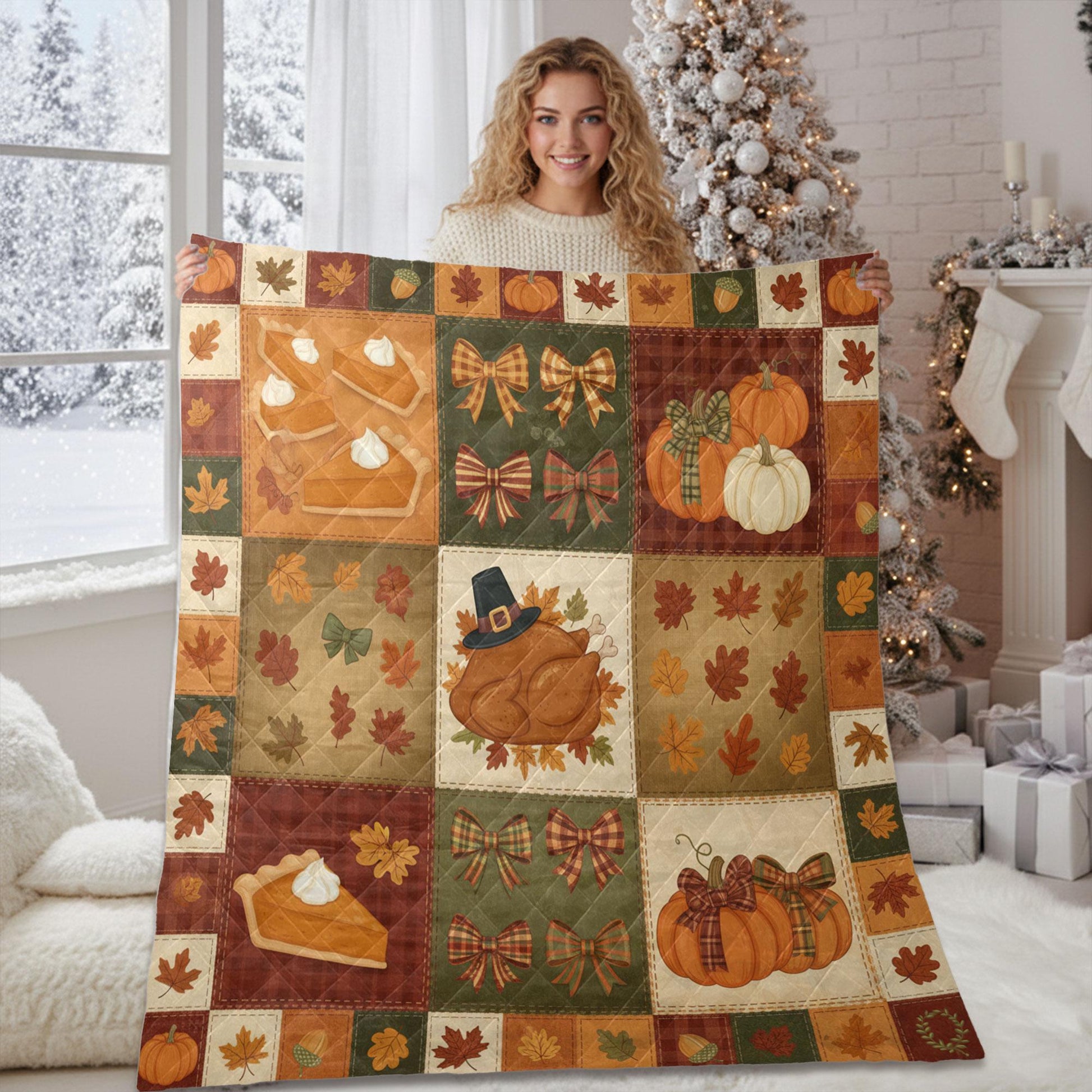 Thanksgiving Quilt Blanket – Patchwork Throw, Pumpkins Turkey Pie, Plaid Bows, Fall Leaves