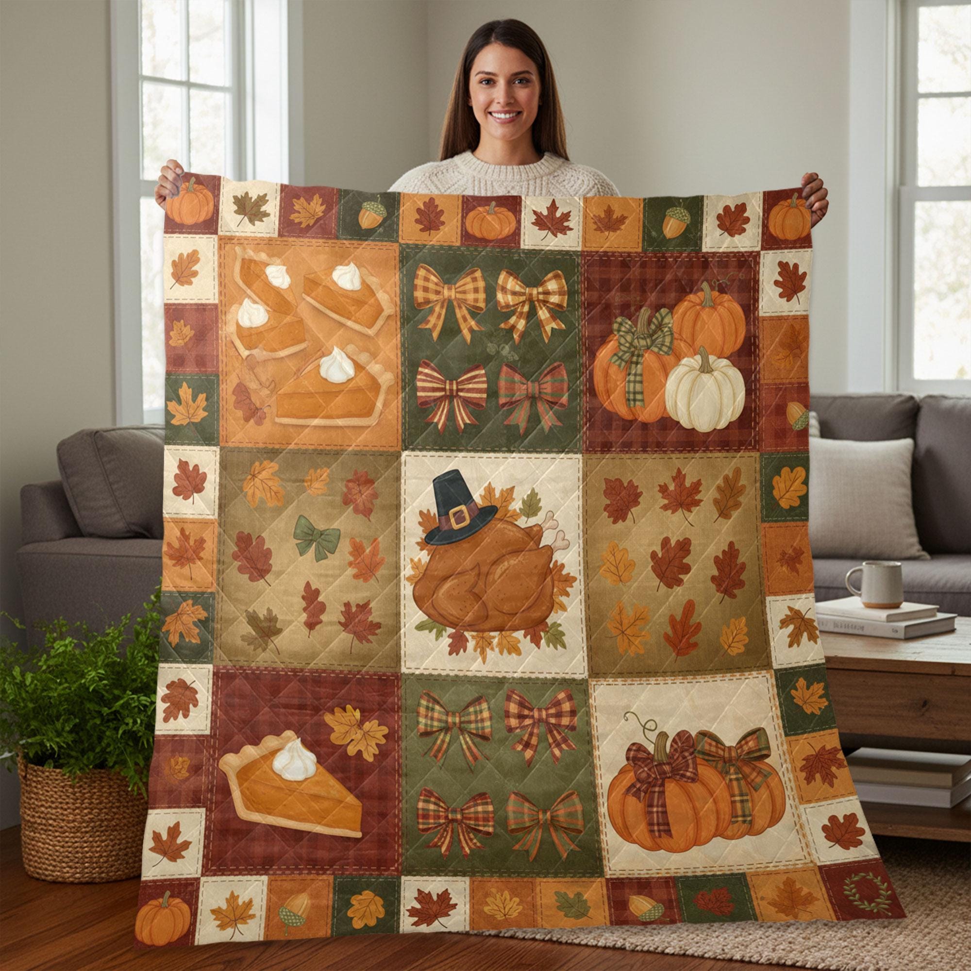 Thanksgiving Quilt Blanket – Patchwork Throw, Pumpkins Turkey Pie, Plaid Bows, Fall Leaves