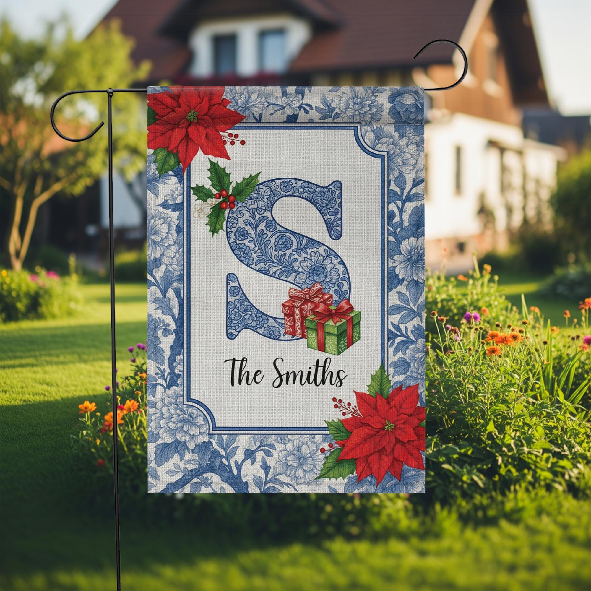 Custom Monogram Chinoiserie Christmas Garden Flag