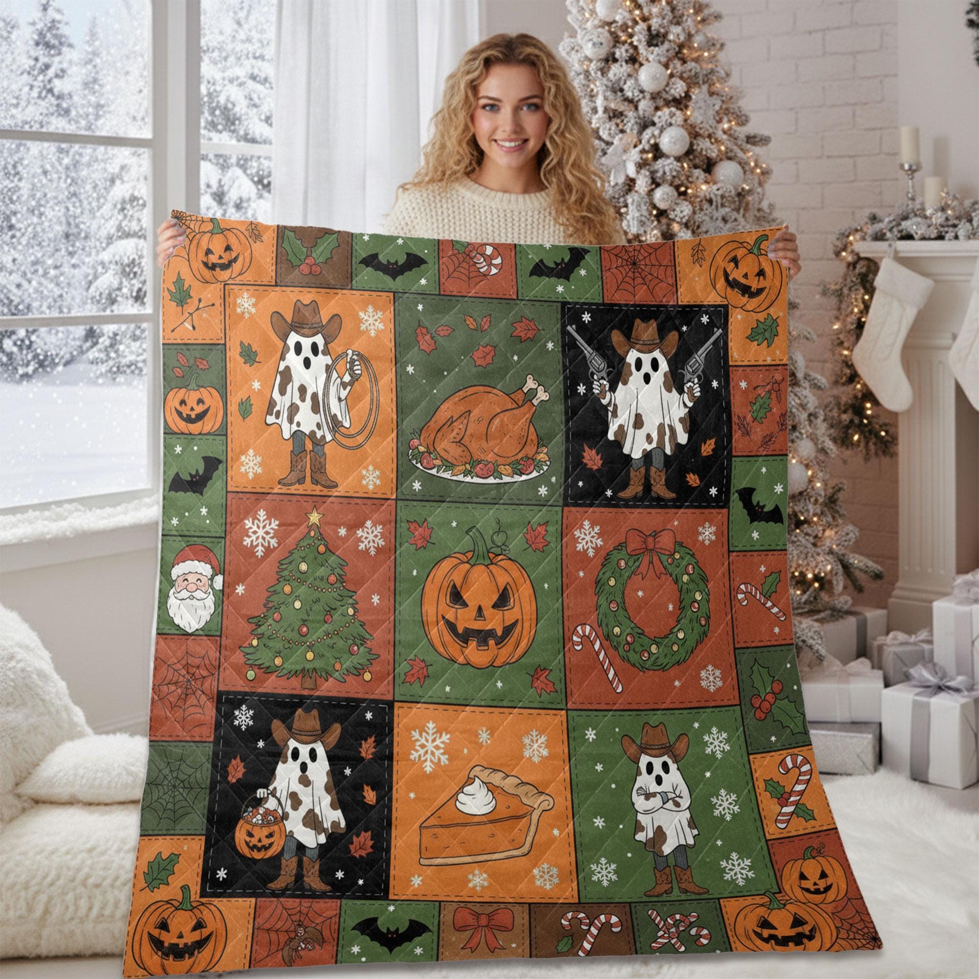 Western Quilt Blanket – Patchwork Throw, Cowboy Ghost Panels, Pumpkins Tree Wreath, Printed