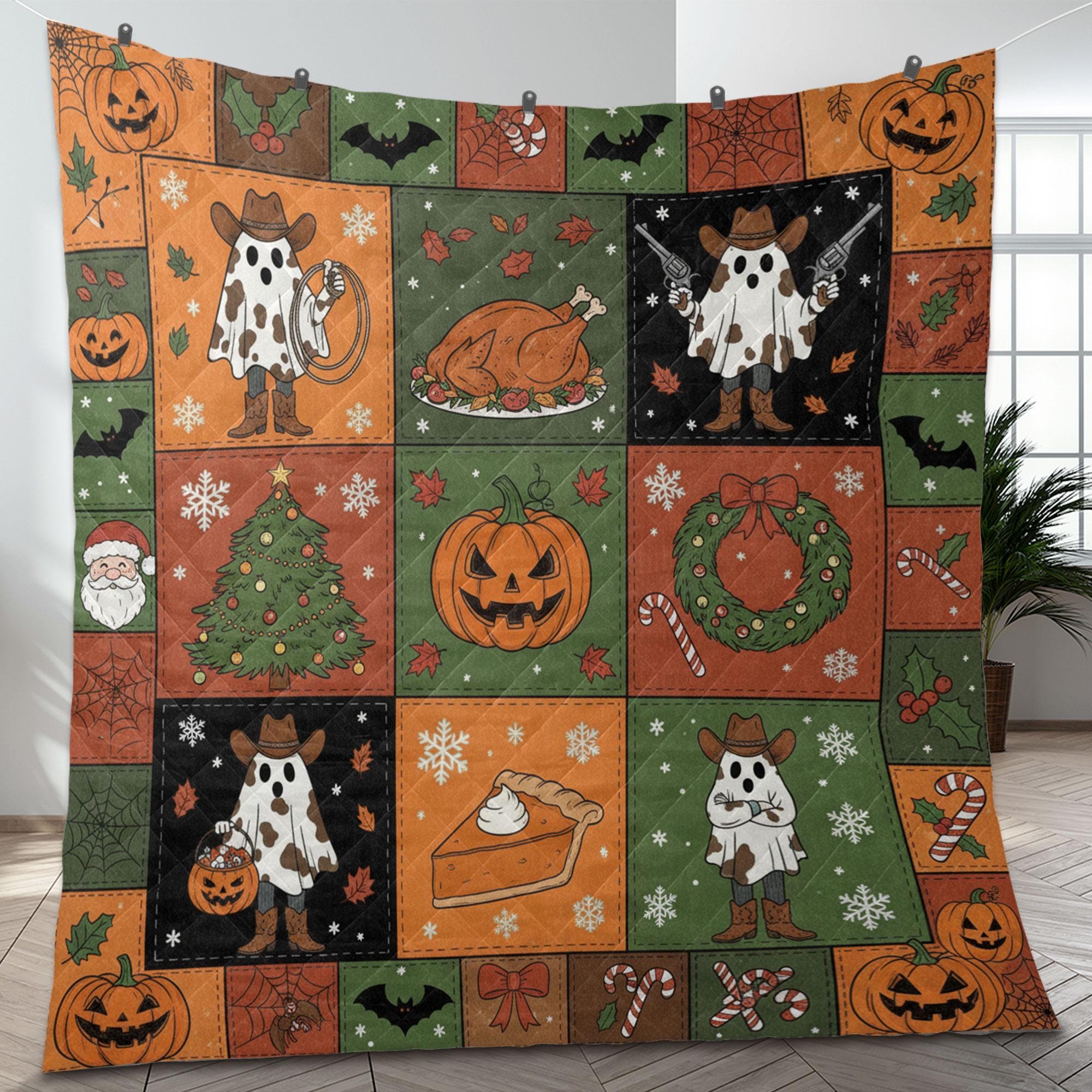 Western Quilt Blanket – Patchwork Throw, Cowboy Ghost Panels, Pumpkins Tree Wreath, Printed