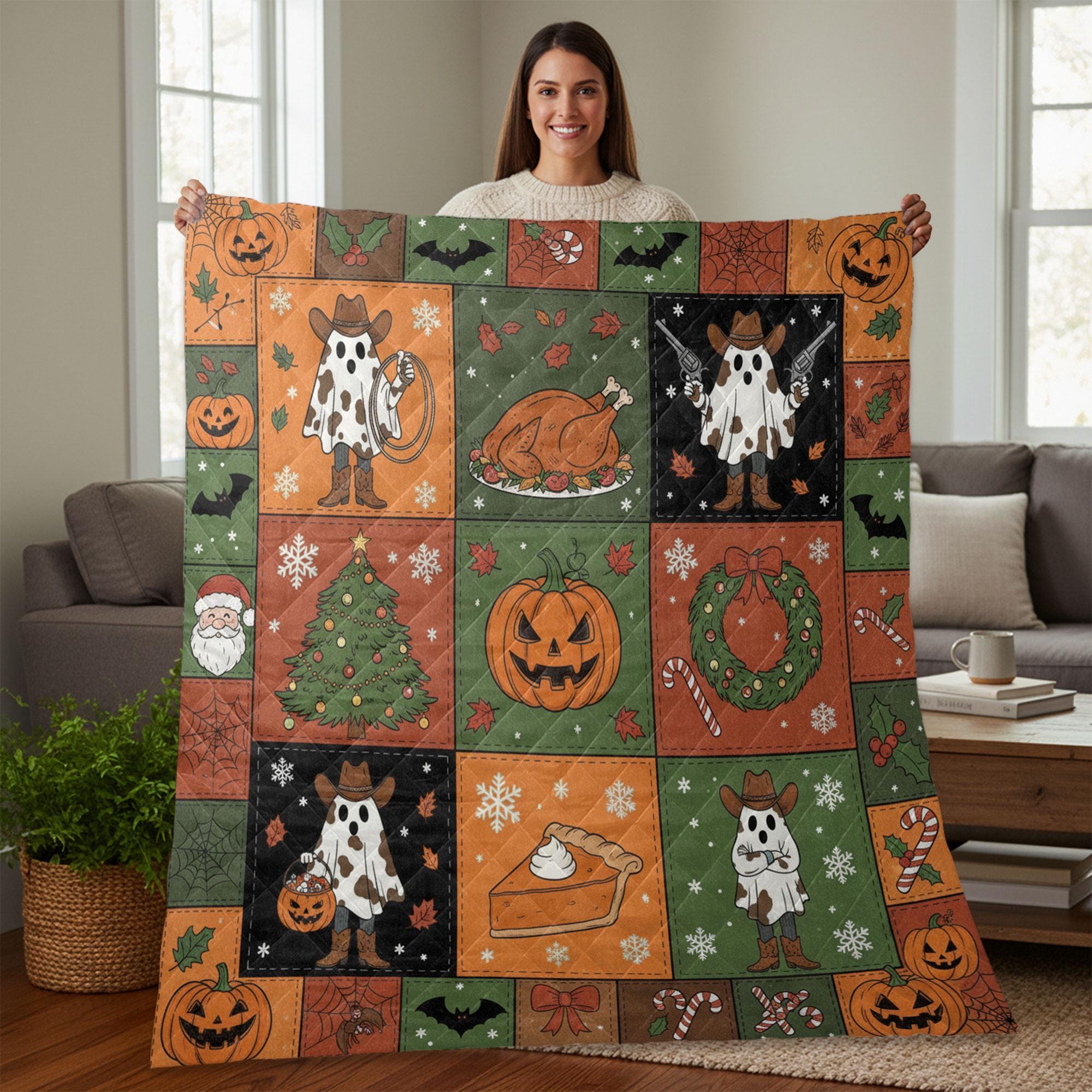 Western Quilt Blanket – Patchwork Throw, Cowboy Ghost Panels, Pumpkins Tree Wreath, Printed