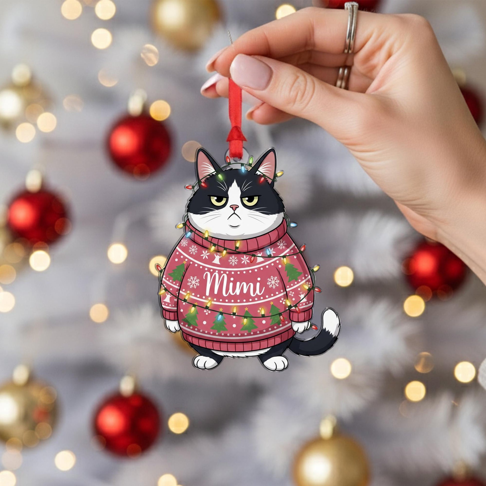 Grumpy Cat Christmas Ornament: Personalized Pet Name Holiday Decoration