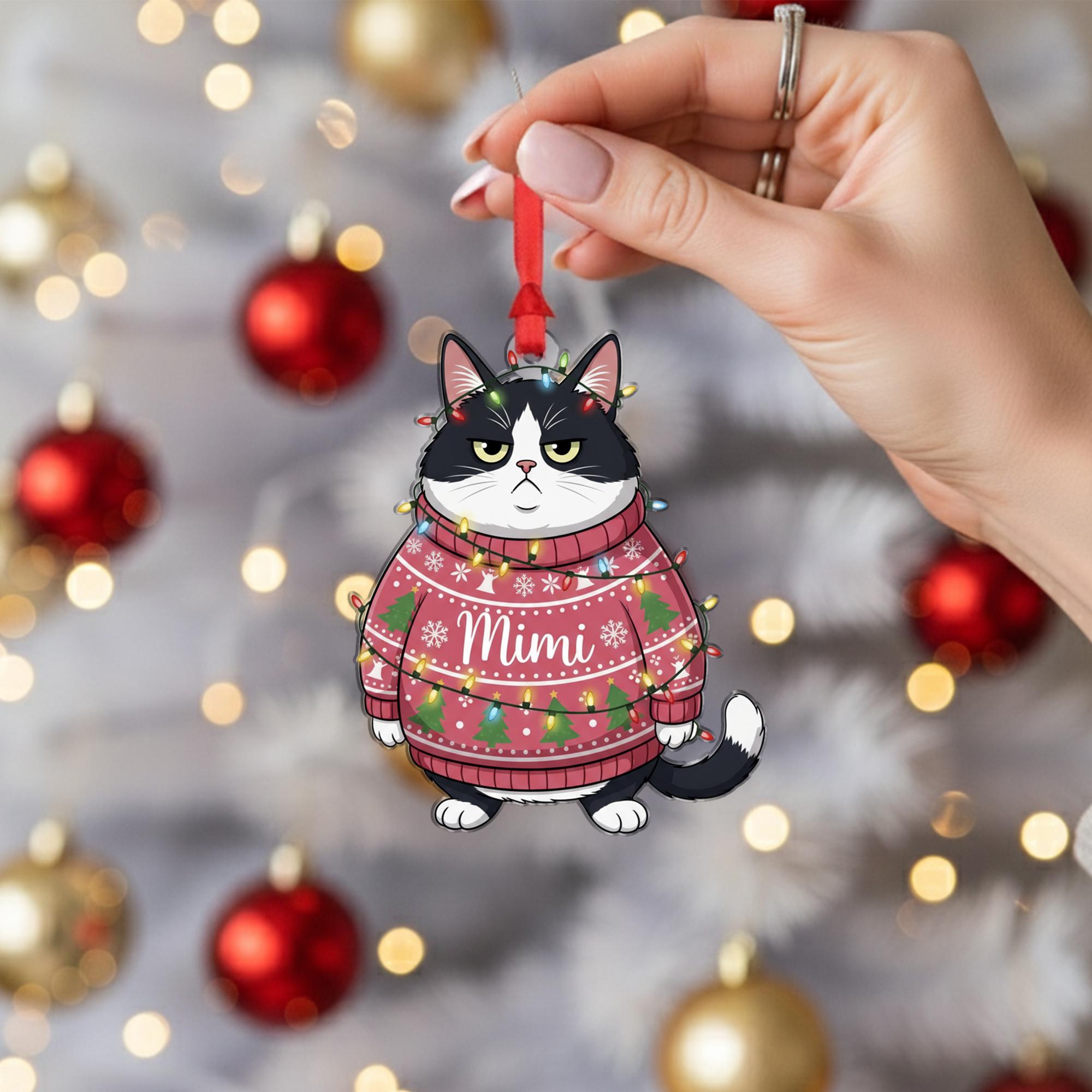 Grumpy Cat Christmas Ornament: Personalized Pet Name Holiday Decoration