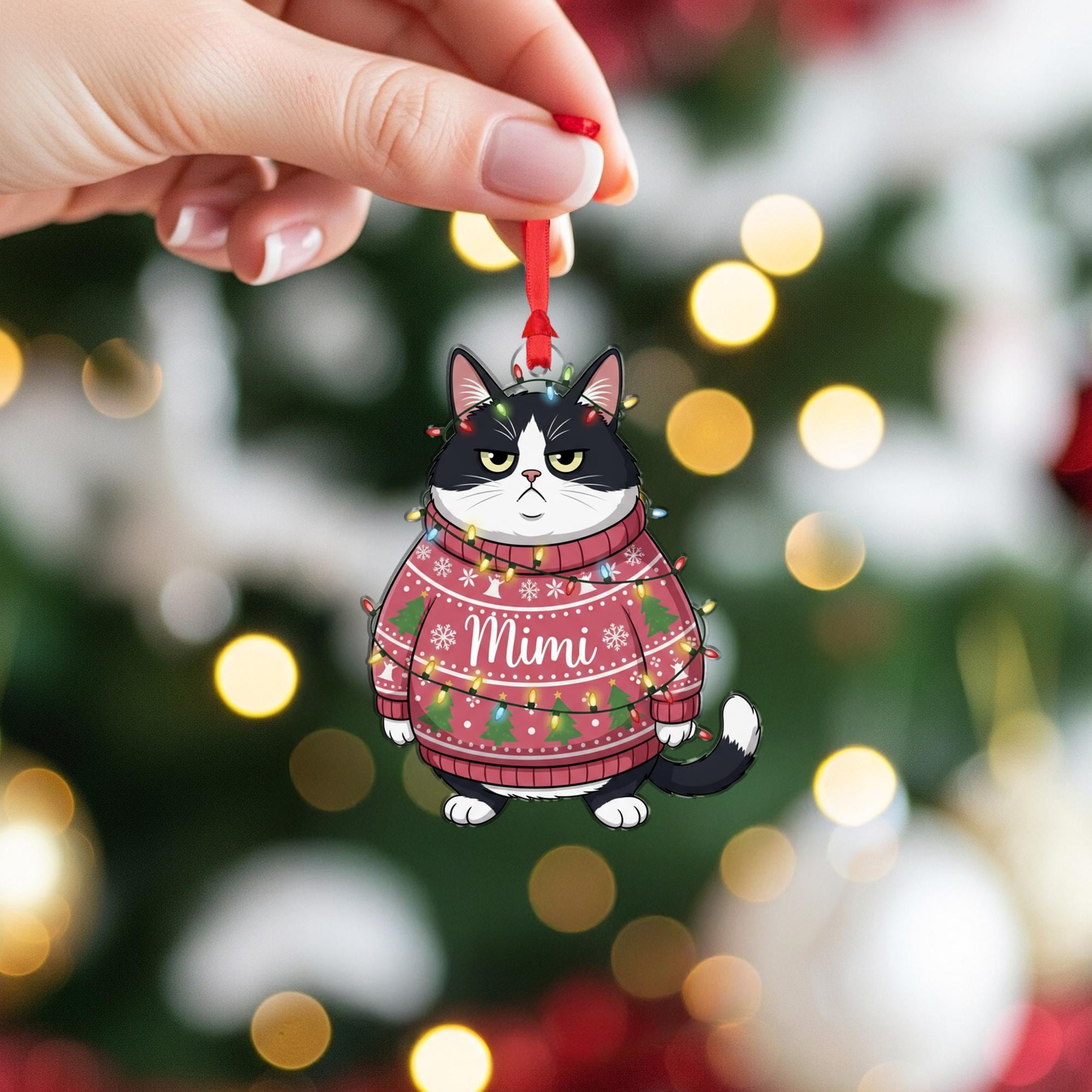 Grumpy Cat Christmas Ornament: Personalized Pet Name Holiday Decoration