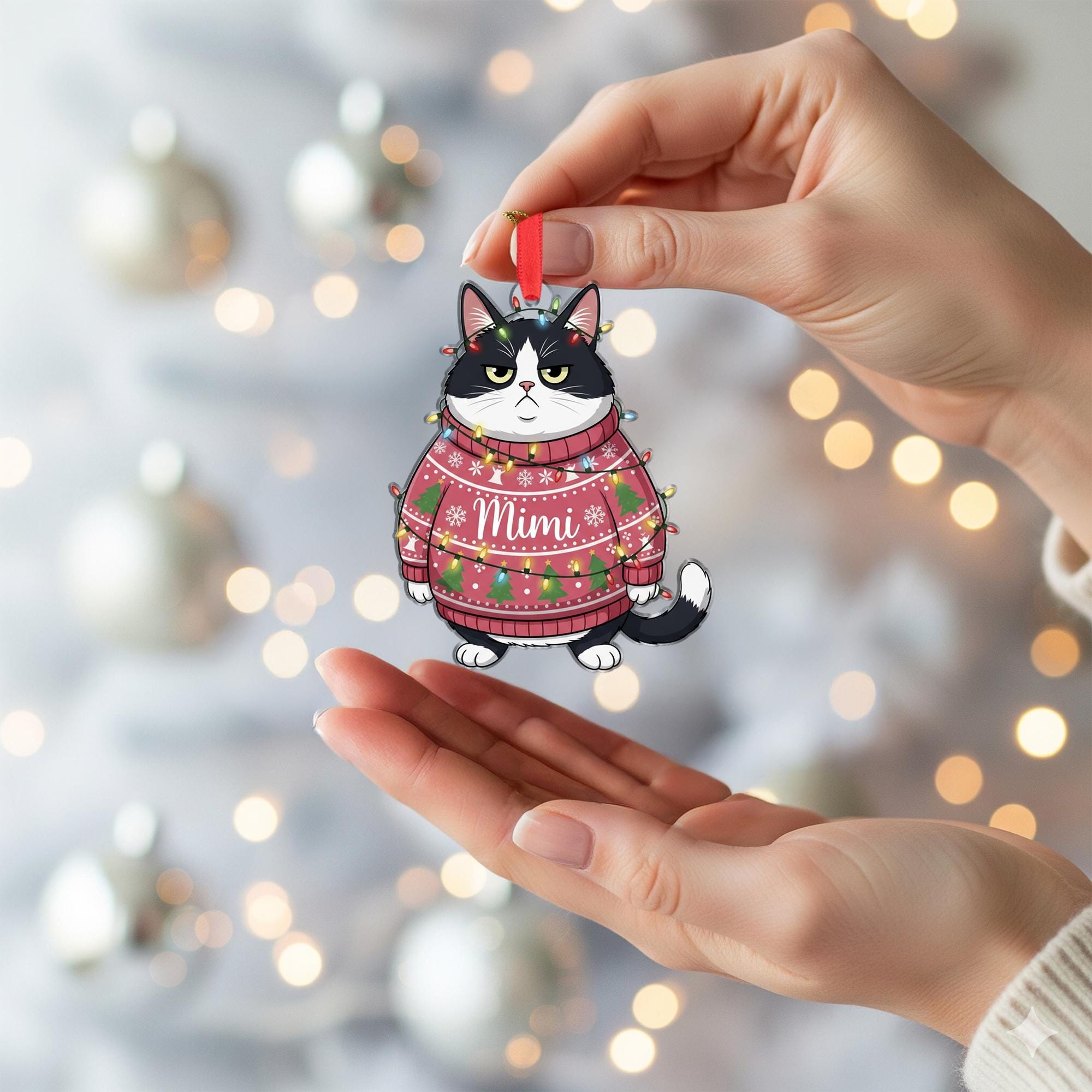 Grumpy Cat Christmas Ornament: Personalized Pet Name Holiday Decoration