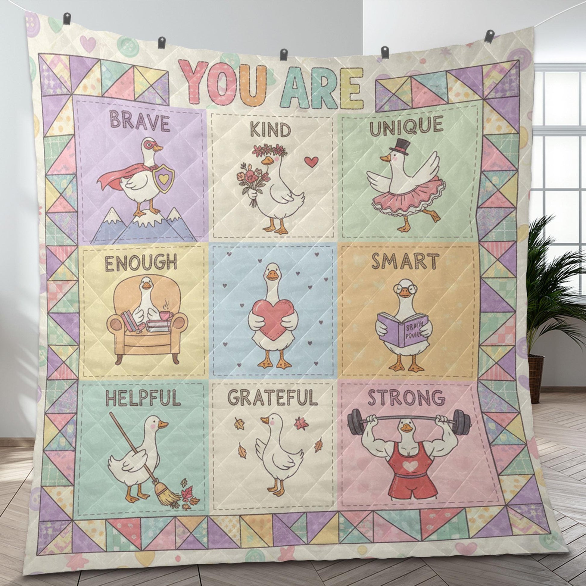 Teacher Quilt Blanket – Patchwork Throw, Positive Affirmation Goose Panels, Pastel Colors